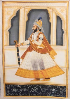 1970s Rajasthani Painting of Royal Warrior with Sword and Ceremonial Robe