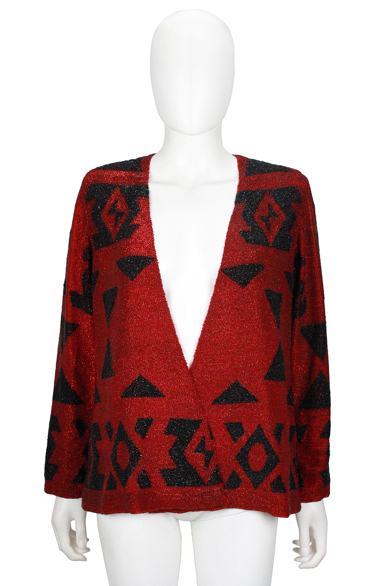 Ralph Lauren 
Red & Black allover beaded
Southwest and Santa Fe inspired pattern
Drape jacket 
No closures
Lightly padded shoulders
Fully lined with silk
I. Magnin garment label included