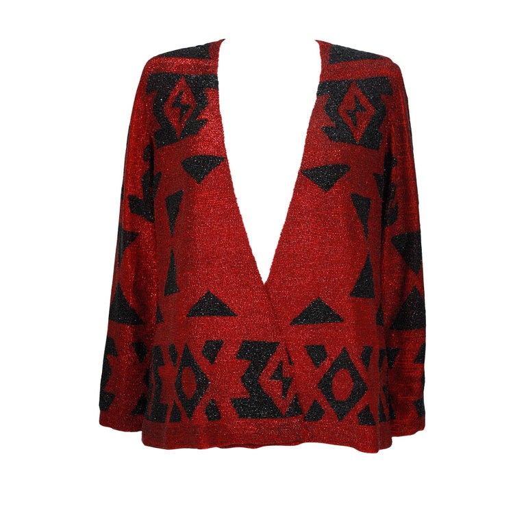 1970s Ralph Lauren Red And Black Allover Beaded Southwest Drape