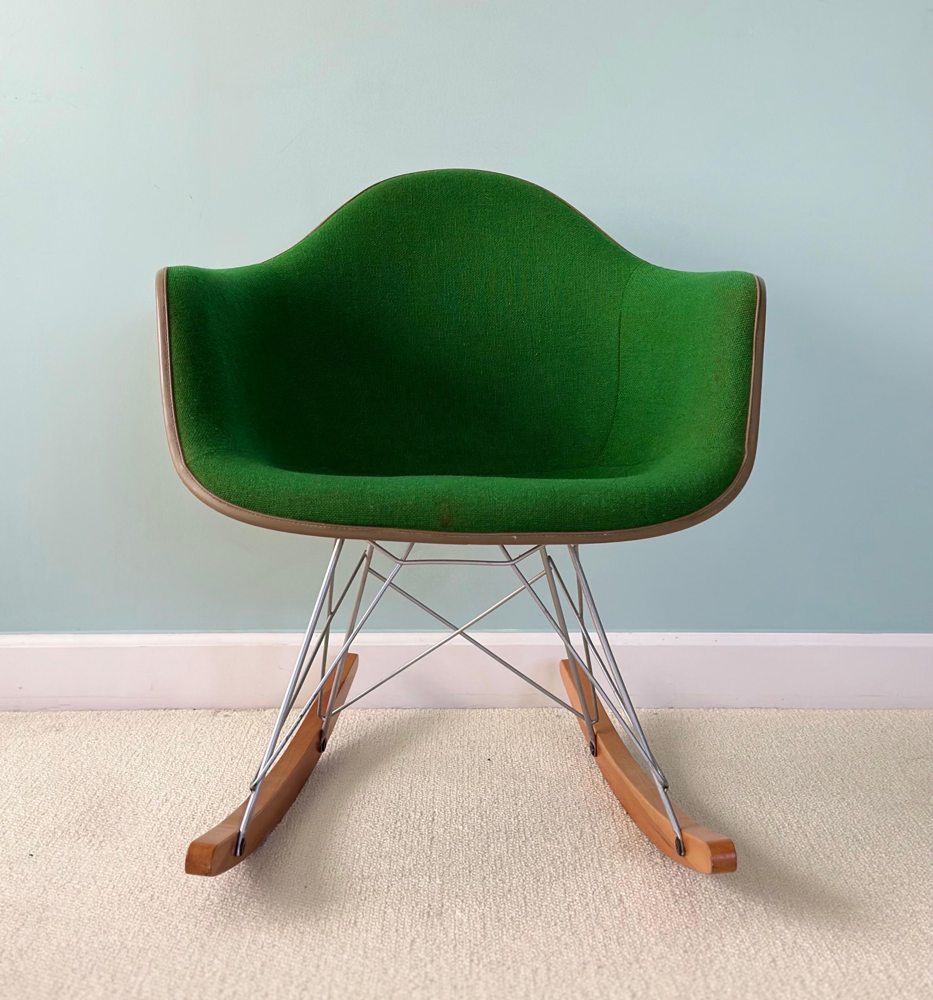 American 1970s RAR Eames for Herman Miller Fiberglass and Green Upholstery Rocker Chair  For Sale