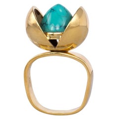 1970s Age Fausing Denmark Turquoise and Gold Tulip Ring