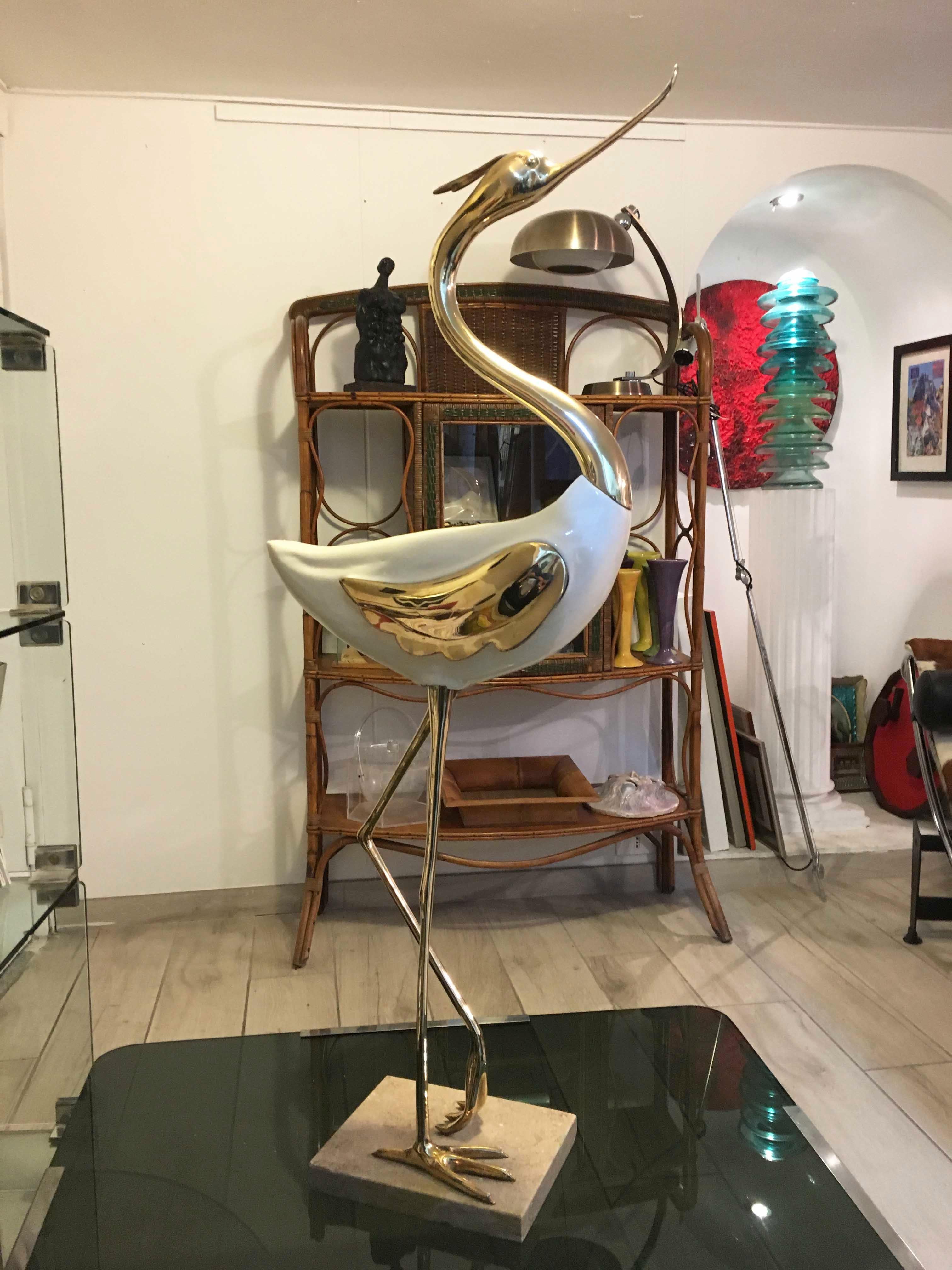 Italian Antonio Pavia Rare Lacquered Wood and Gilded Bronze Heron, Italy 1970s For Sale