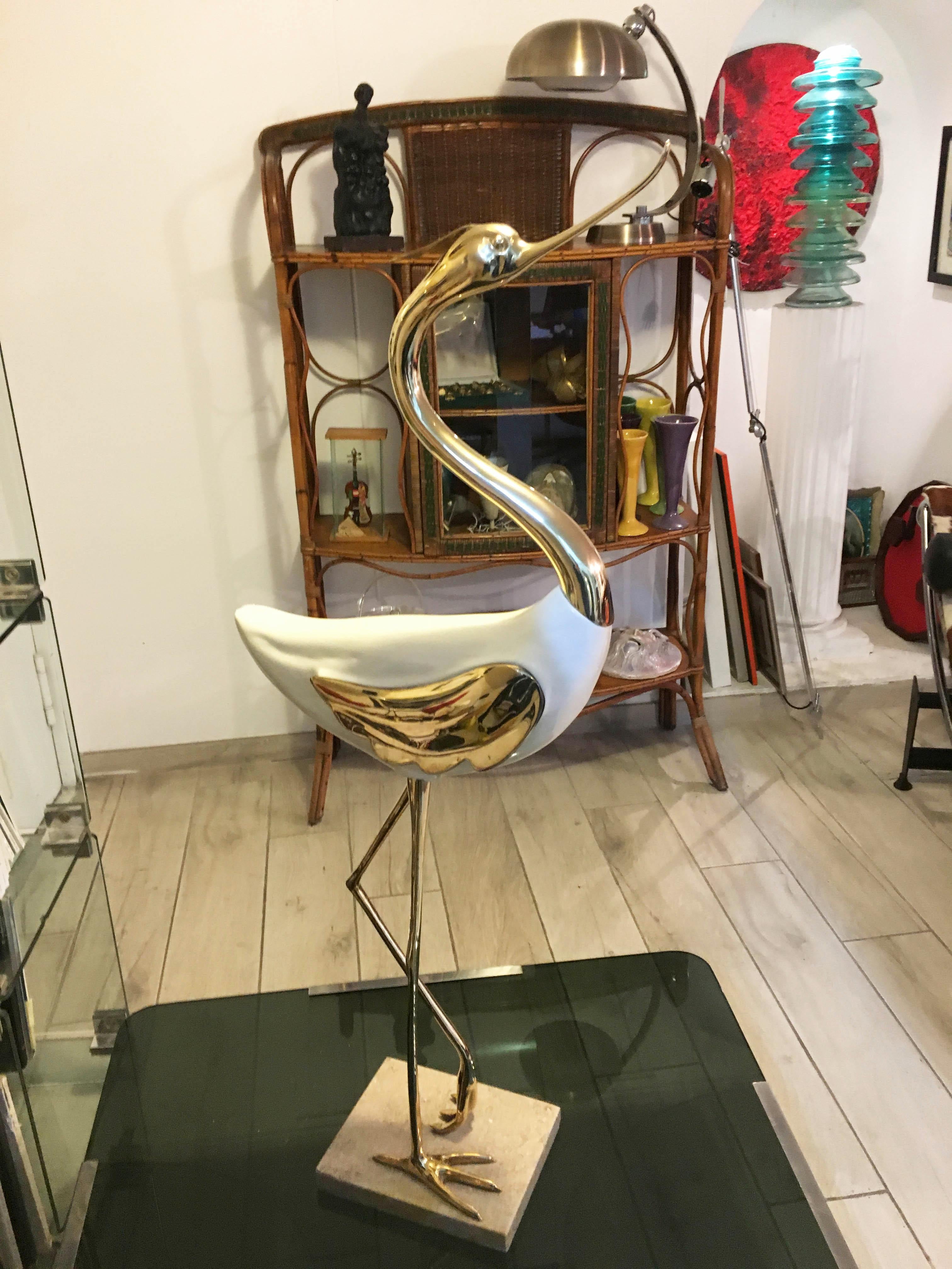 Antonio Pavia Rare Lacquered Wood and Gilded Bronze Heron, Italy 1970s In Good Condition For Sale In Naples, IT
