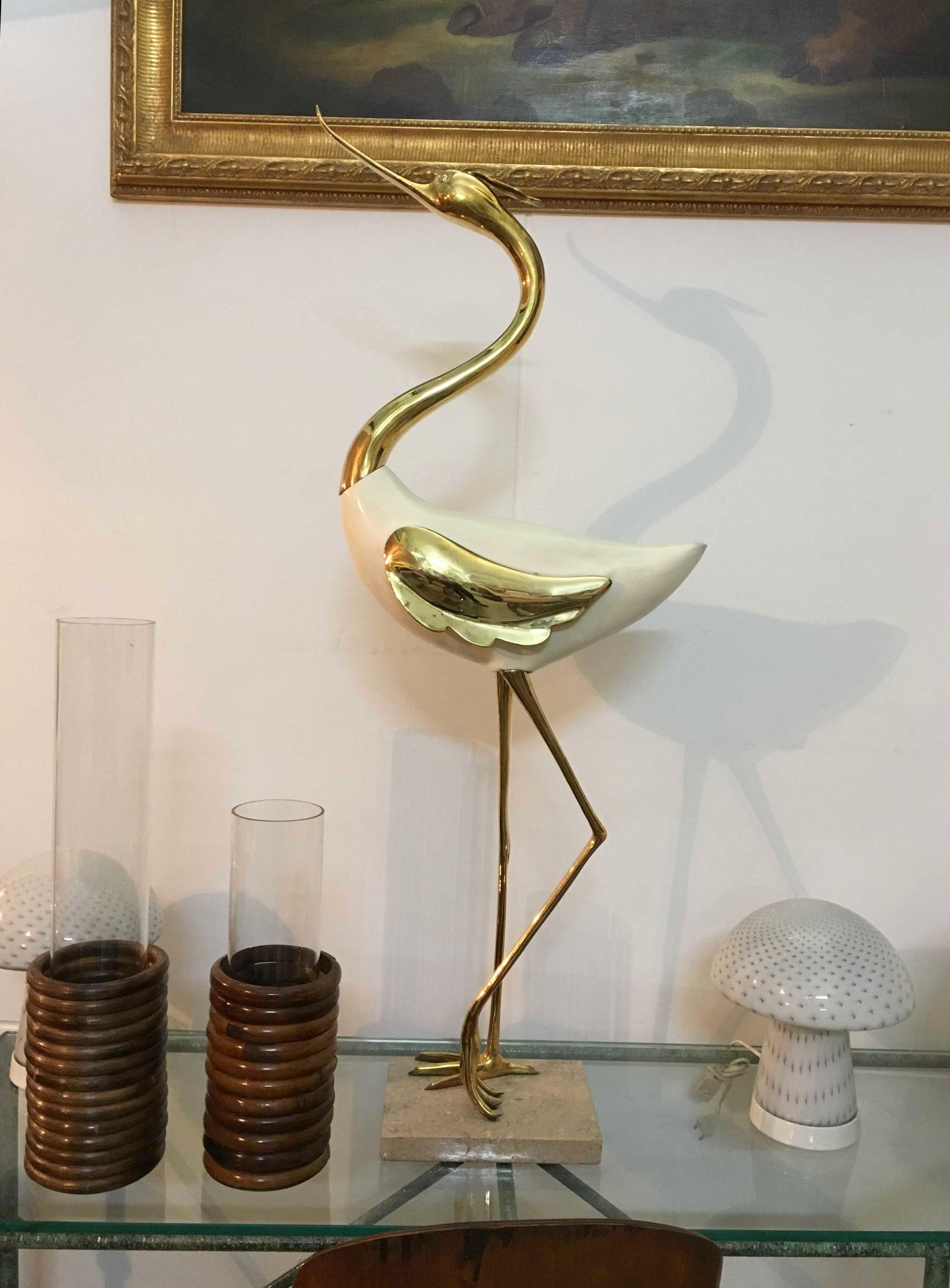 Late 20th Century Antonio Pavia Rare Lacquered Wood and Gilded Bronze Heron, Italy 1970s For Sale