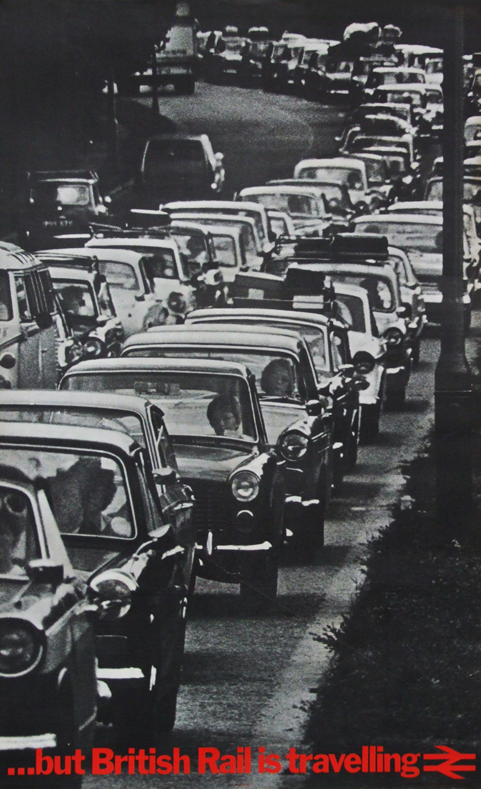 Late 20th Century 1970s Rare British Rail Travel Poster Classic Cars Traffic Jam For Sale