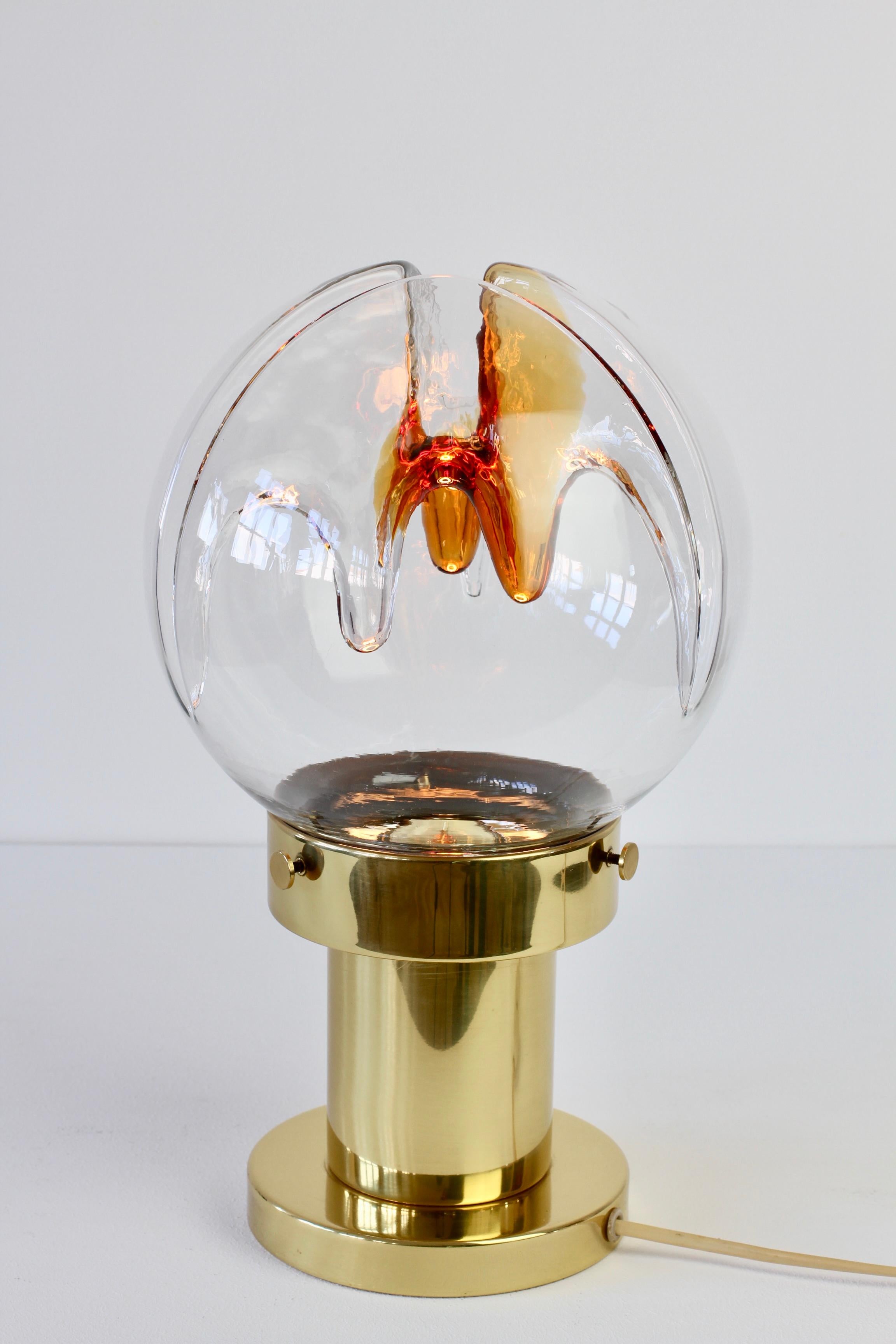 Midcentury vintage textured glass table lamp by Kaiser Leuchten with textured coloured Murano glass shade attributed to Mazzega circa 1970s . A fantastic design featuring wonderfully textured biomorphic clear and orange / amber colored glass shade.