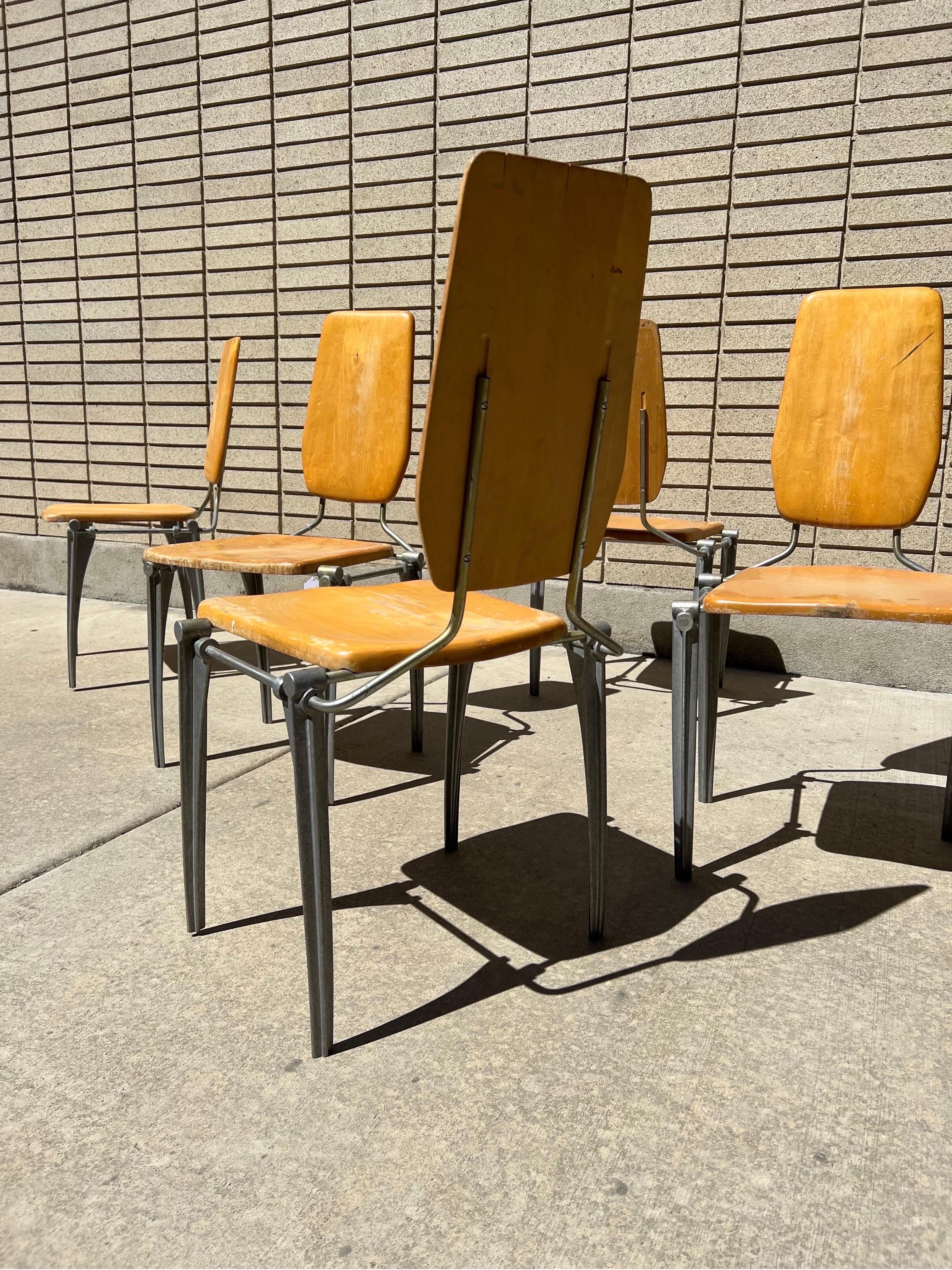 Late 20th Century 1970s Rare Set of 6 Robert Josten Industrial Mid Century Wood and Steel Chairs