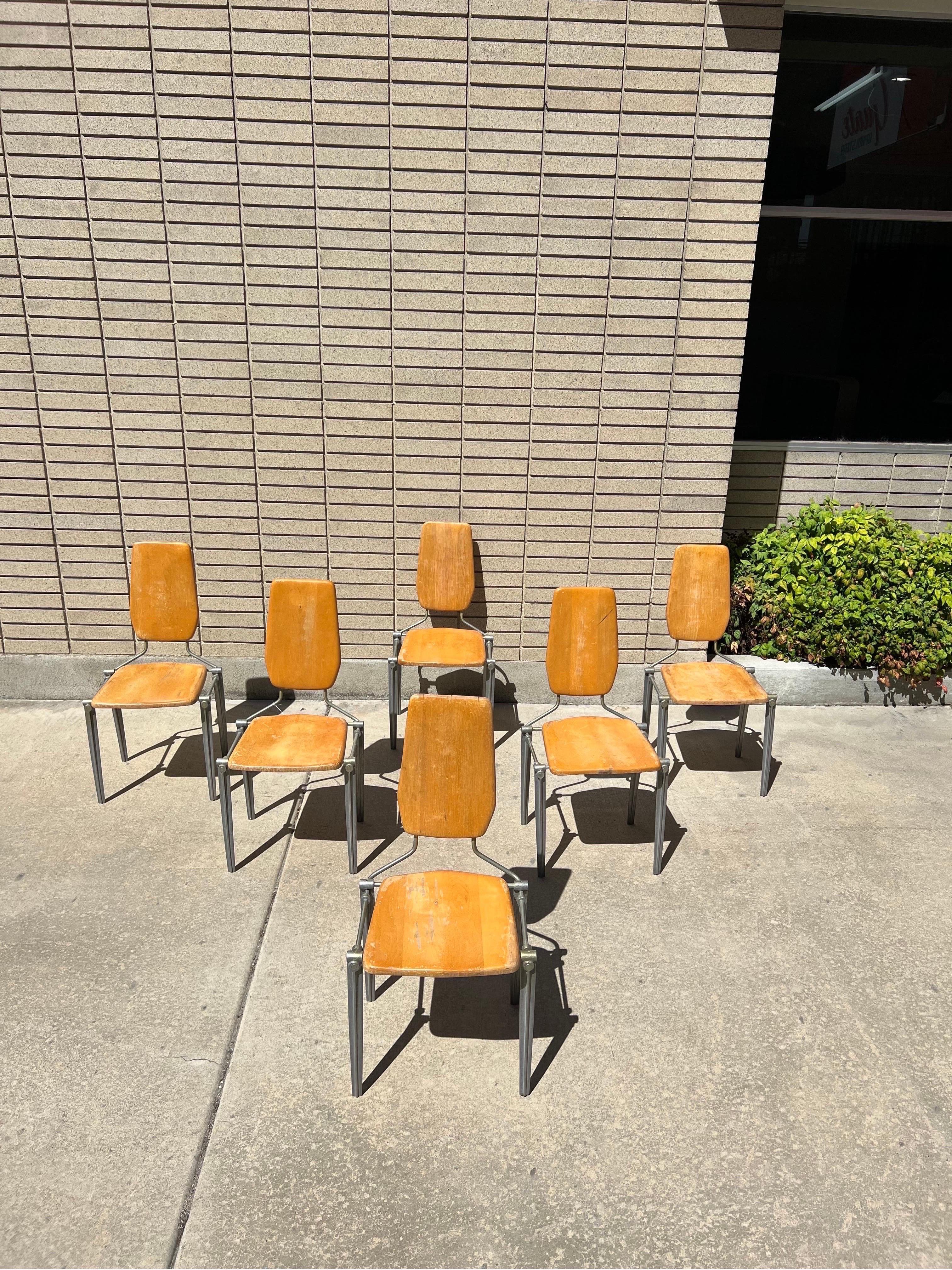 1970s Rare Set of 6 Robert Josten Industrial Mid Century Wood and Steel Chairs 1