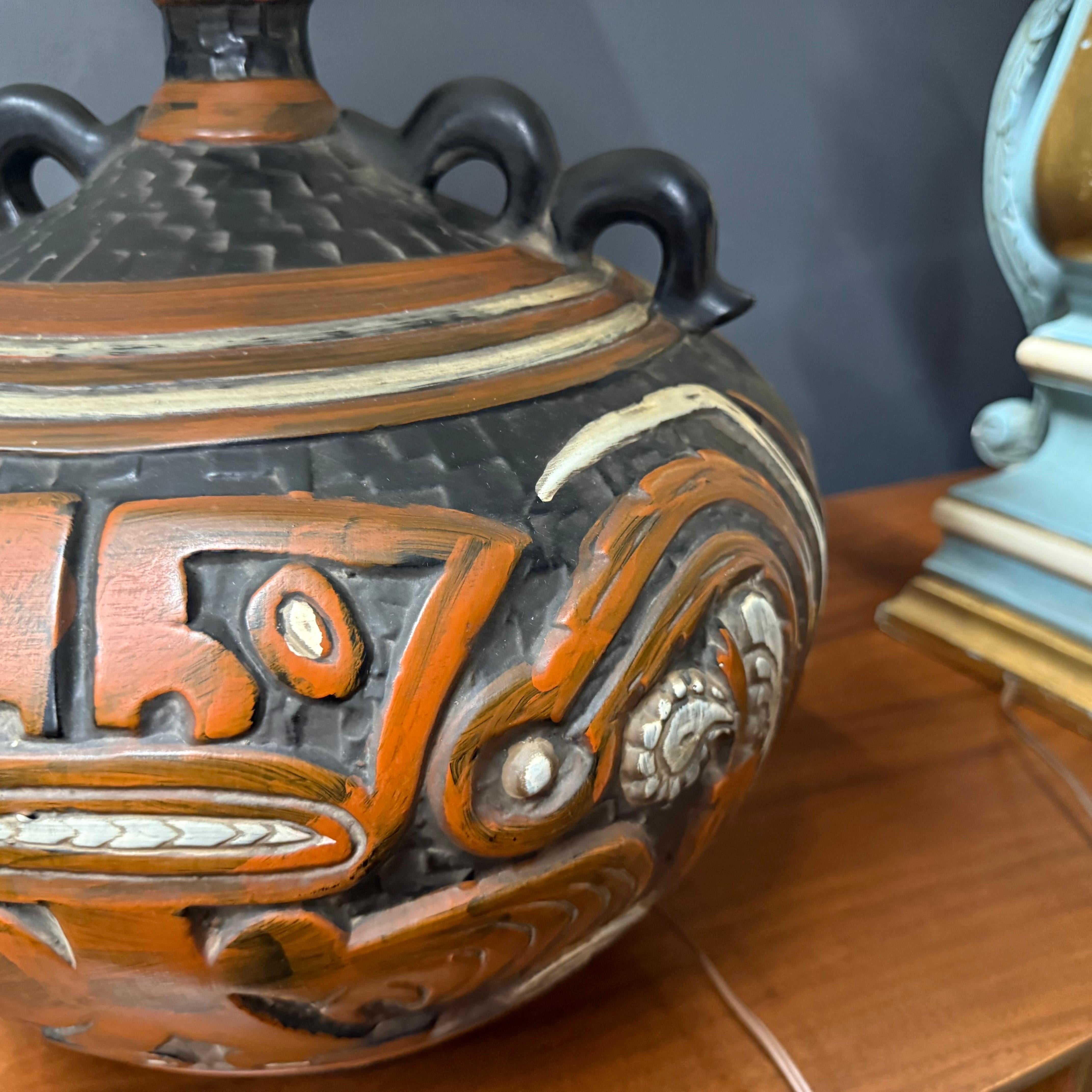 1970’s Rare Tiki Mayan Gods Large Pottery Table Lamp For Sale 5
