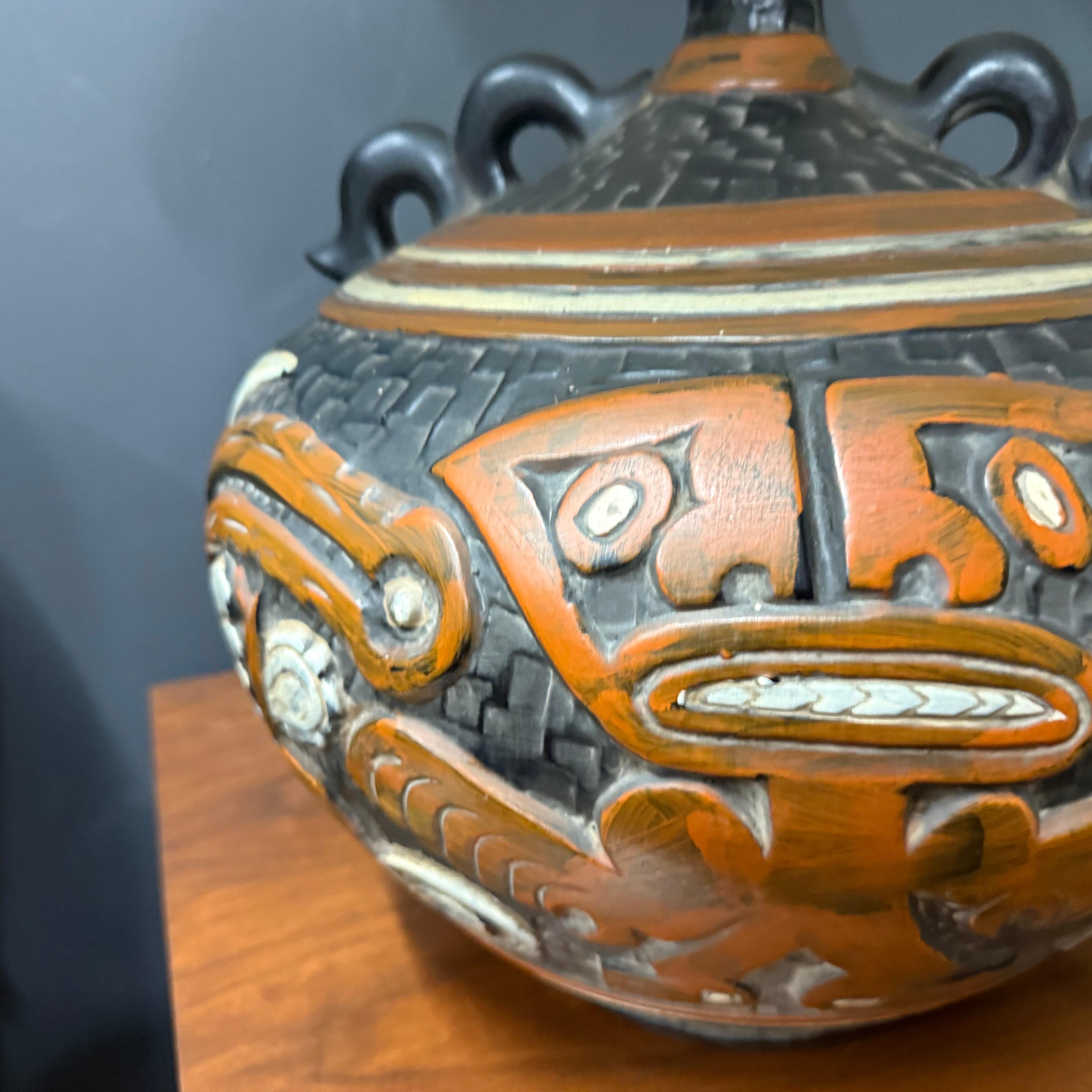 1970’s Rare Tiki Mayan Gods Large Pottery Table Lamp For Sale 6