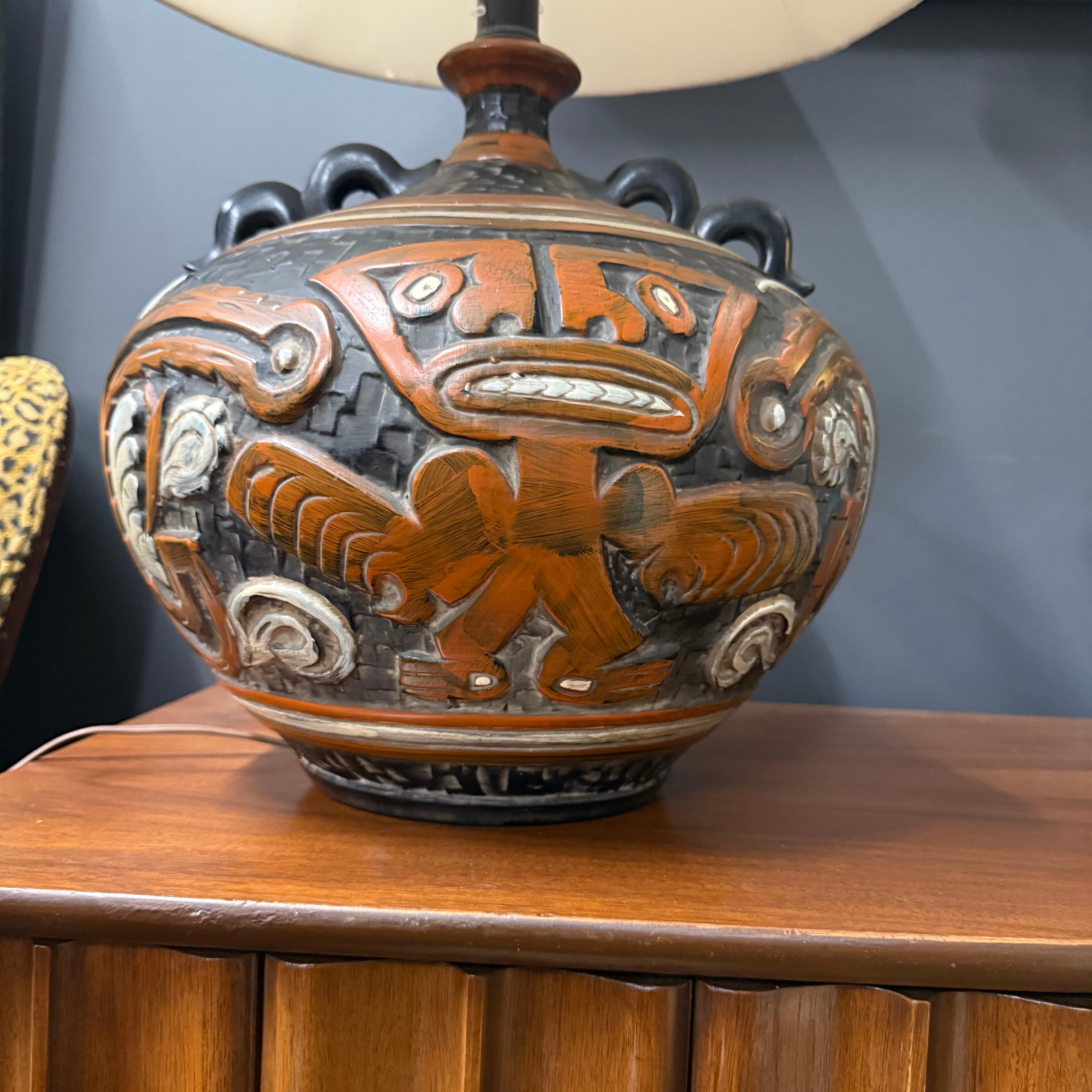 Brutalist 1970’s Rare Tiki Mayan Gods Large Pottery Table Lamp For Sale