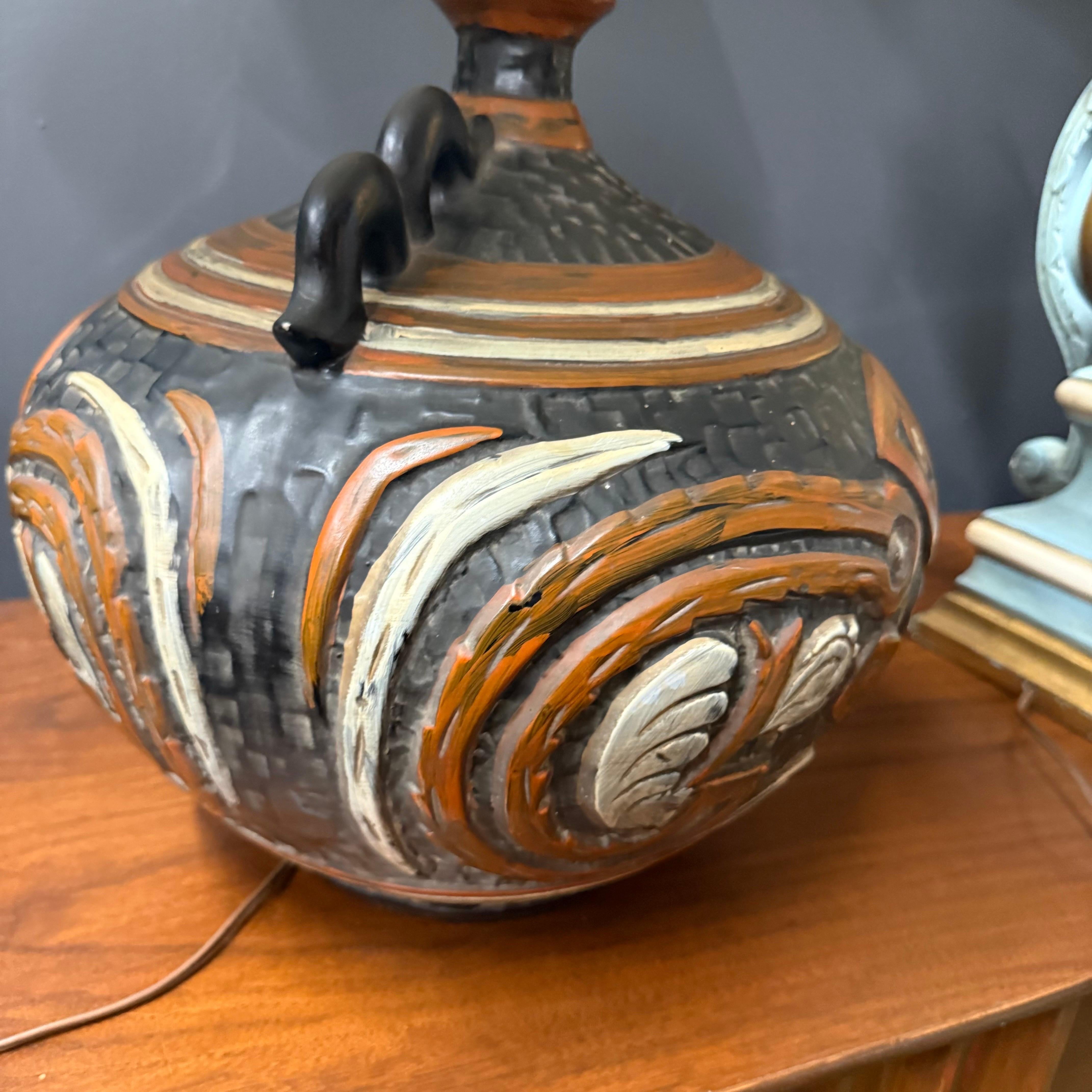 1970’s Rare Tiki Mayan Gods Large Pottery Table Lamp In Good Condition For Sale In Charleston, SC