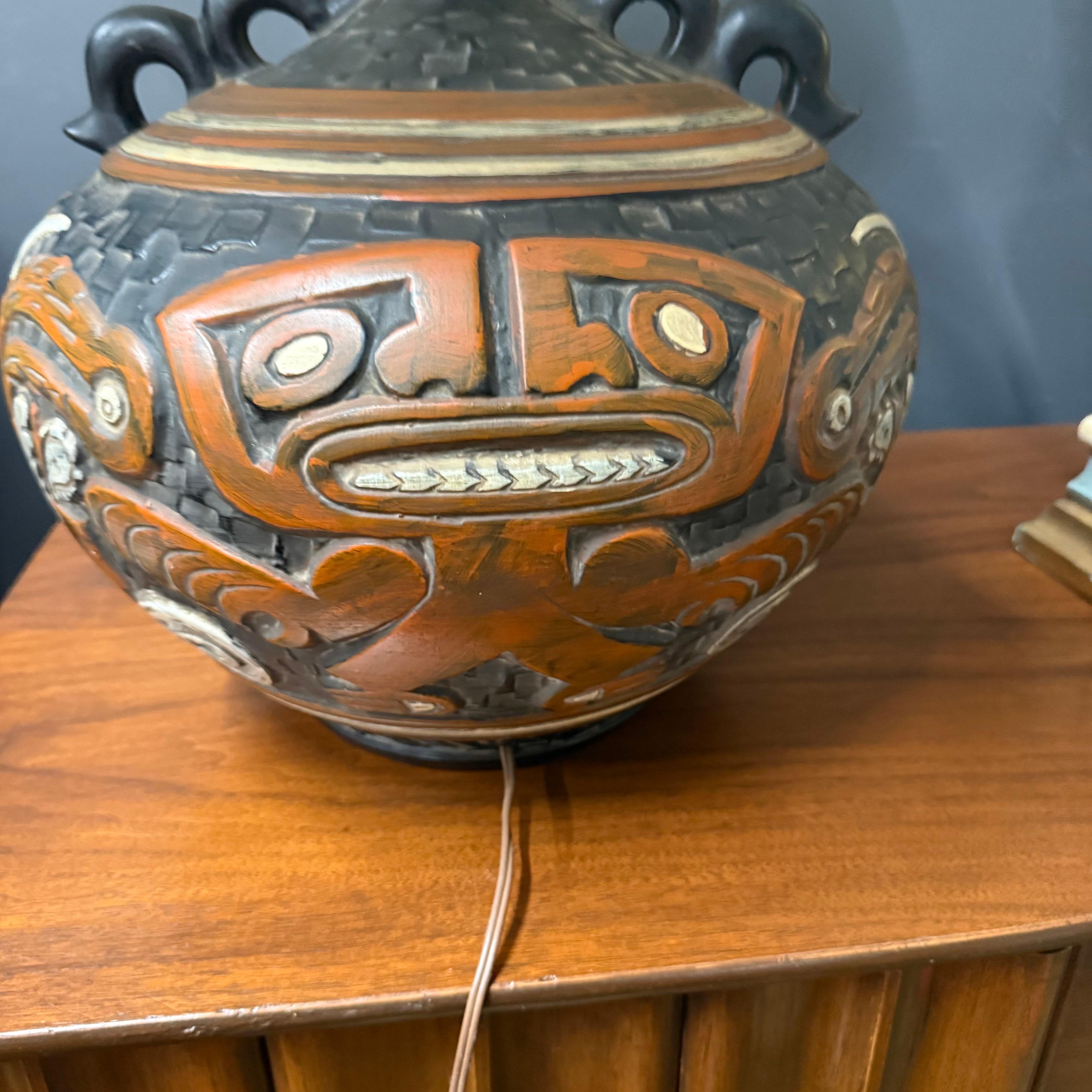 Late 20th Century 1970’s Rare Tiki Mayan Gods Large Pottery Table Lamp For Sale