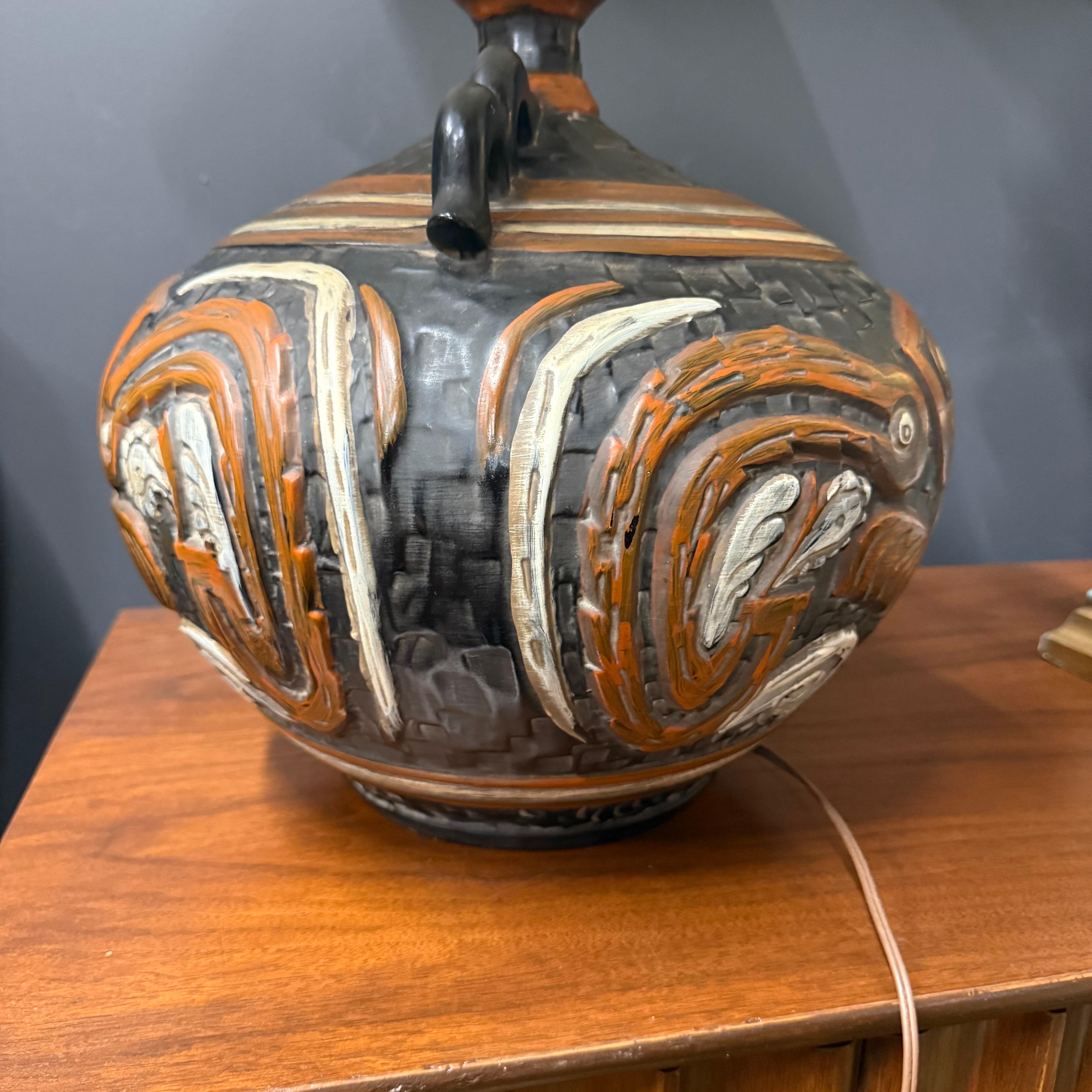 1970’s Rare Tiki Mayan Gods Large Pottery Table Lamp For Sale 2