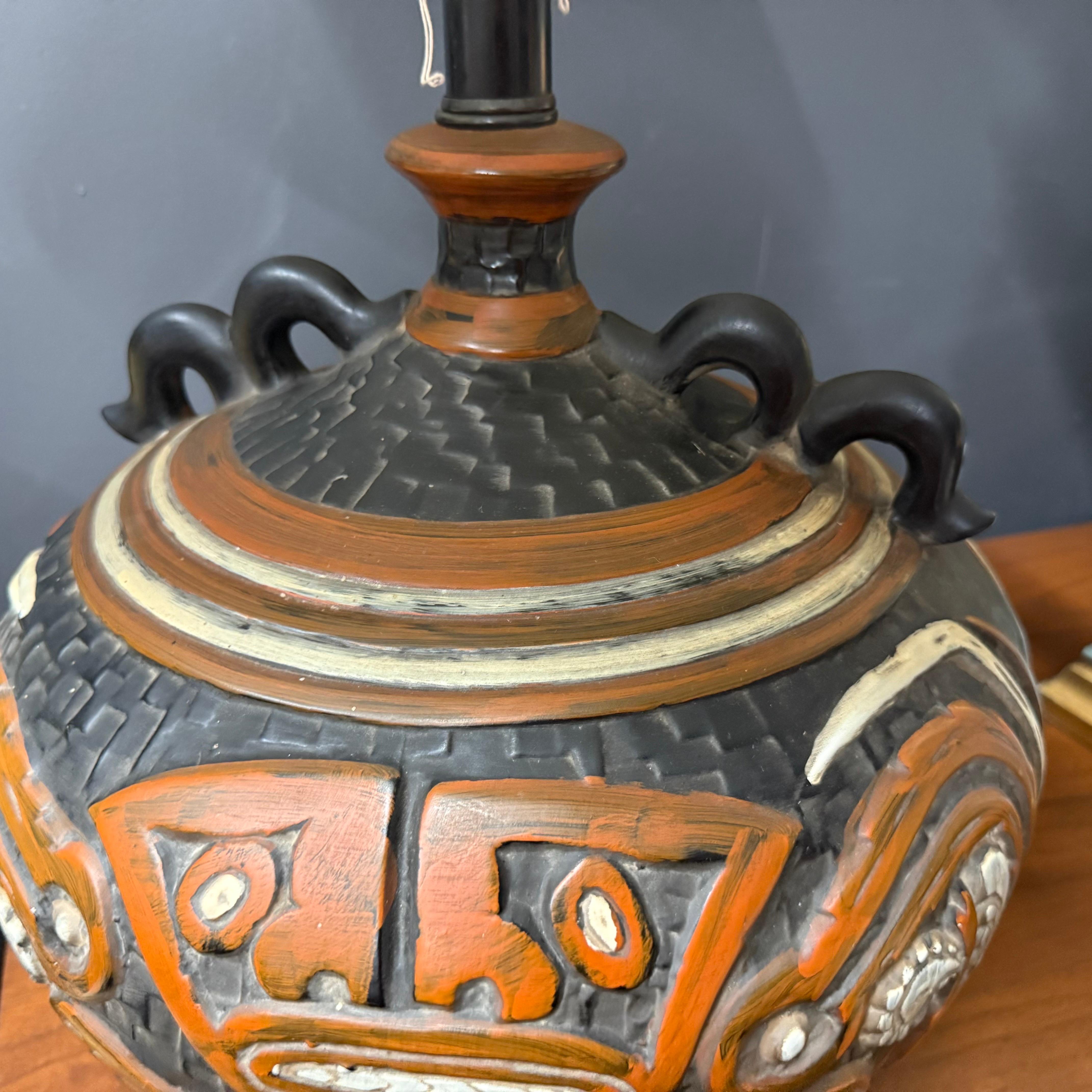 1970’s Rare Tiki Mayan Gods Large Pottery Table Lamp For Sale 3