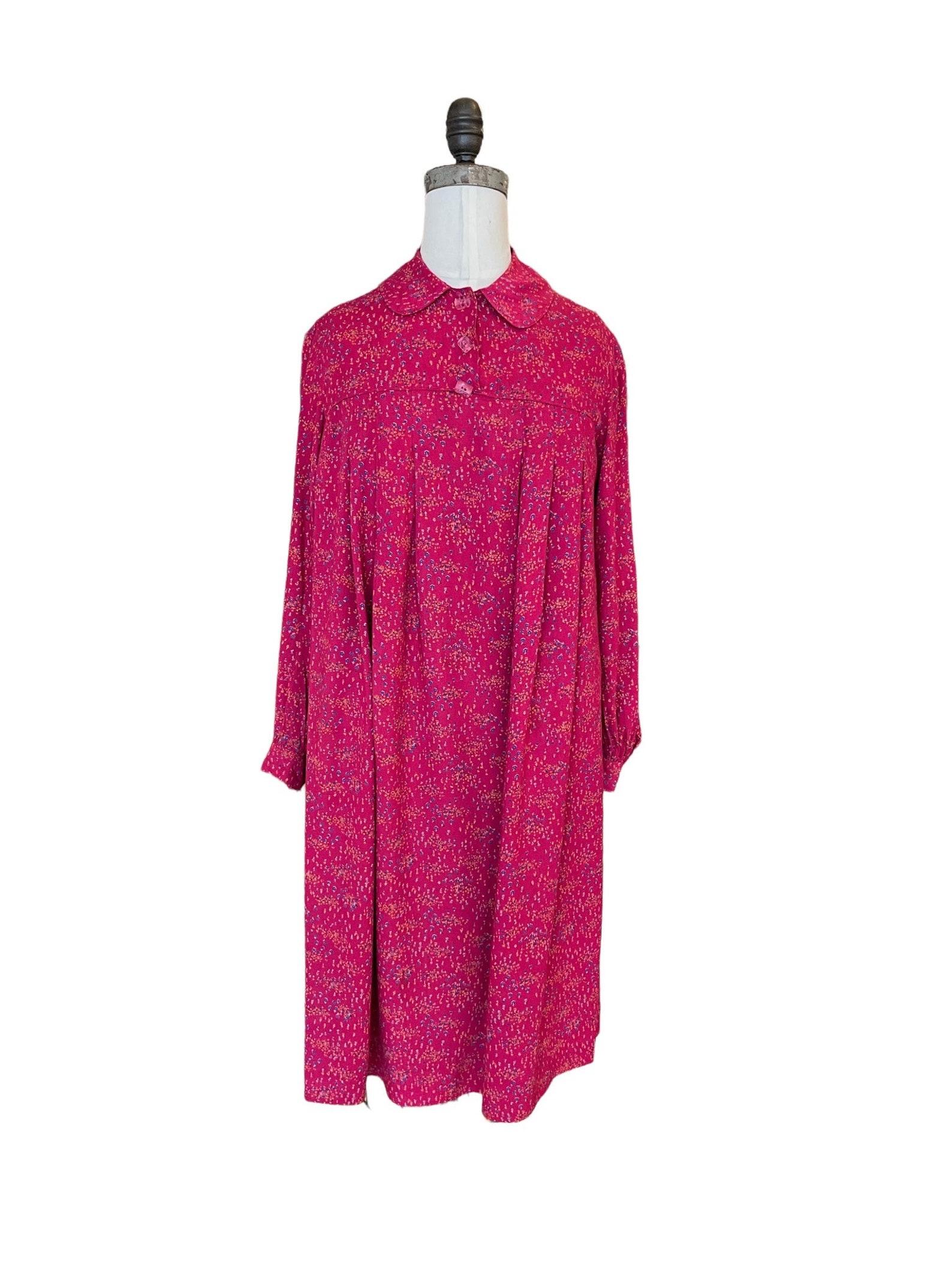 Women's Raspberry Pink Floral Trapeze Dress, Circa 1970s For Sale
