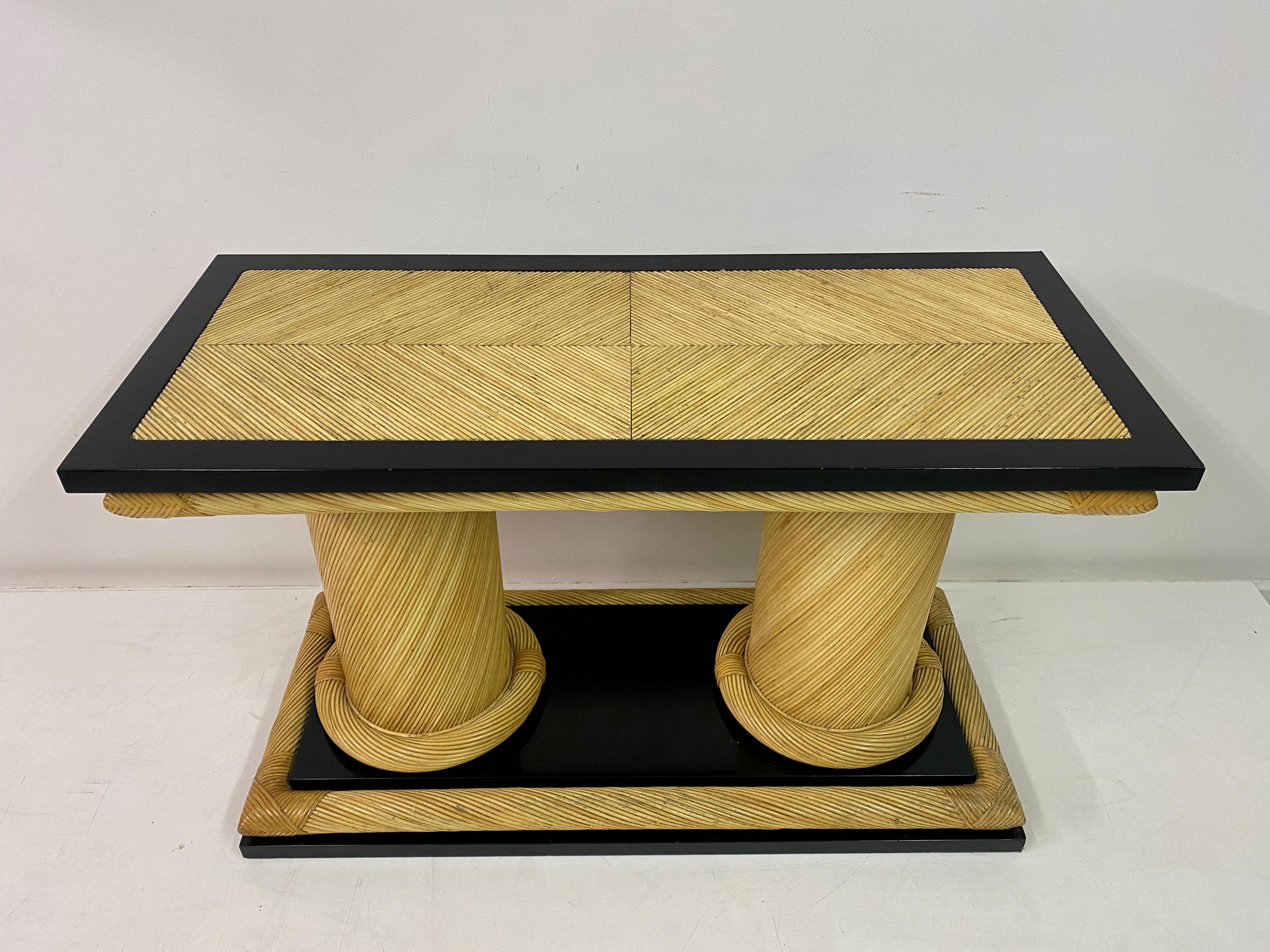 Mid-Century Modern 1970s Rattan and Black Lacquer Console Table by Howard Dilday