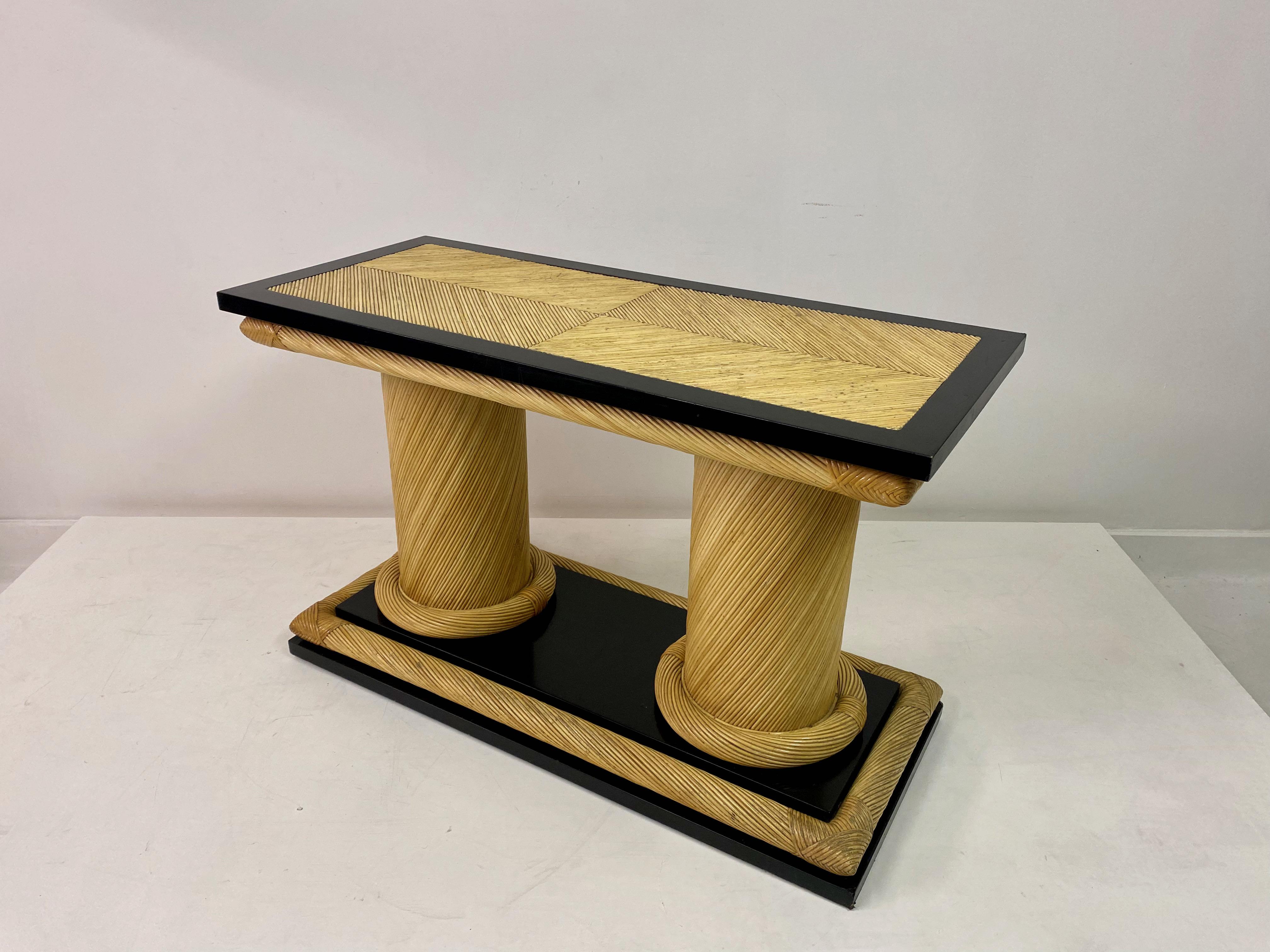 Italian 1970s Rattan and Black Lacquer Console Table by Howard Dilday