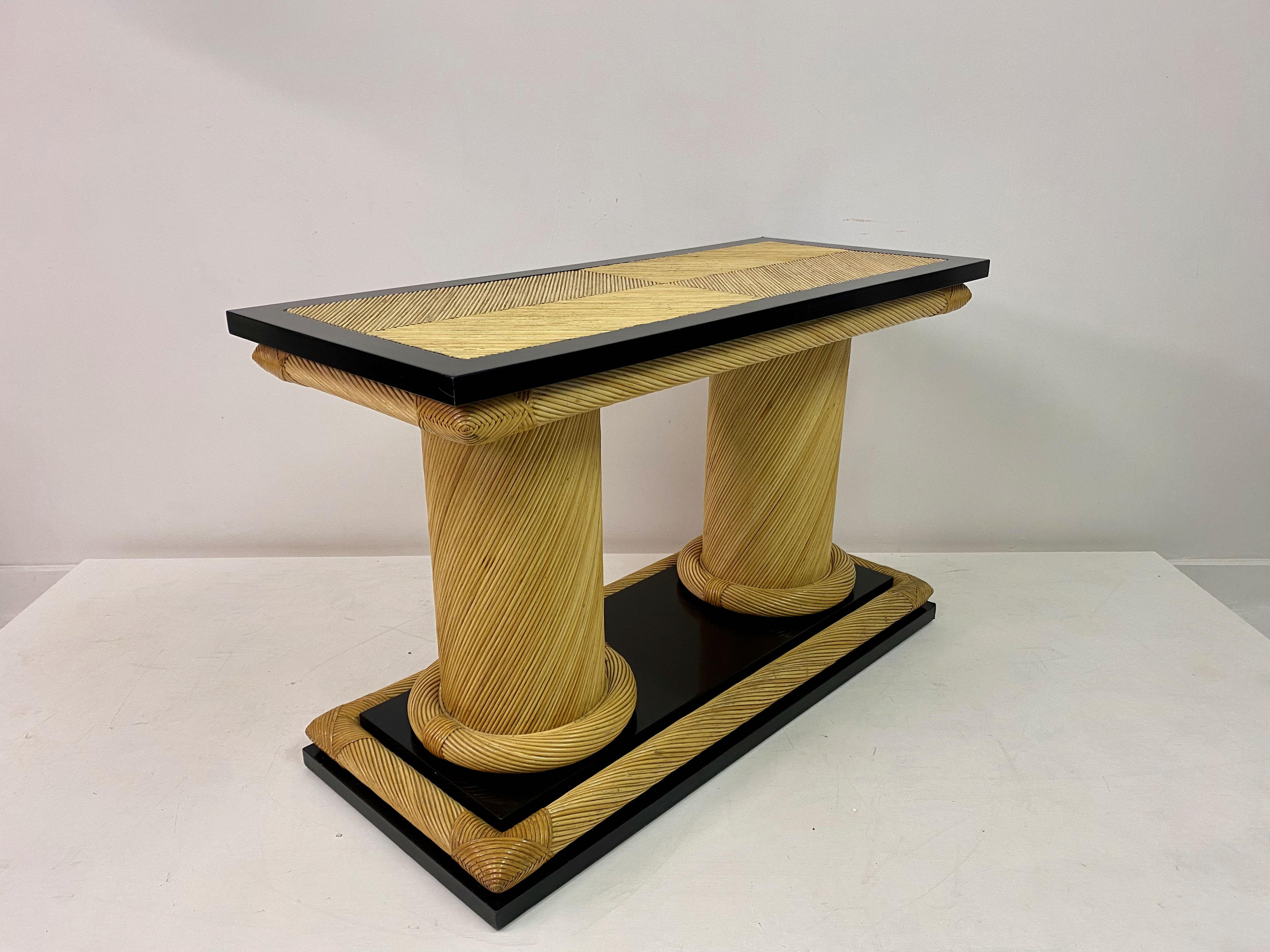 1970s Rattan and Black Lacquer Console Table by Howard Dilday 3