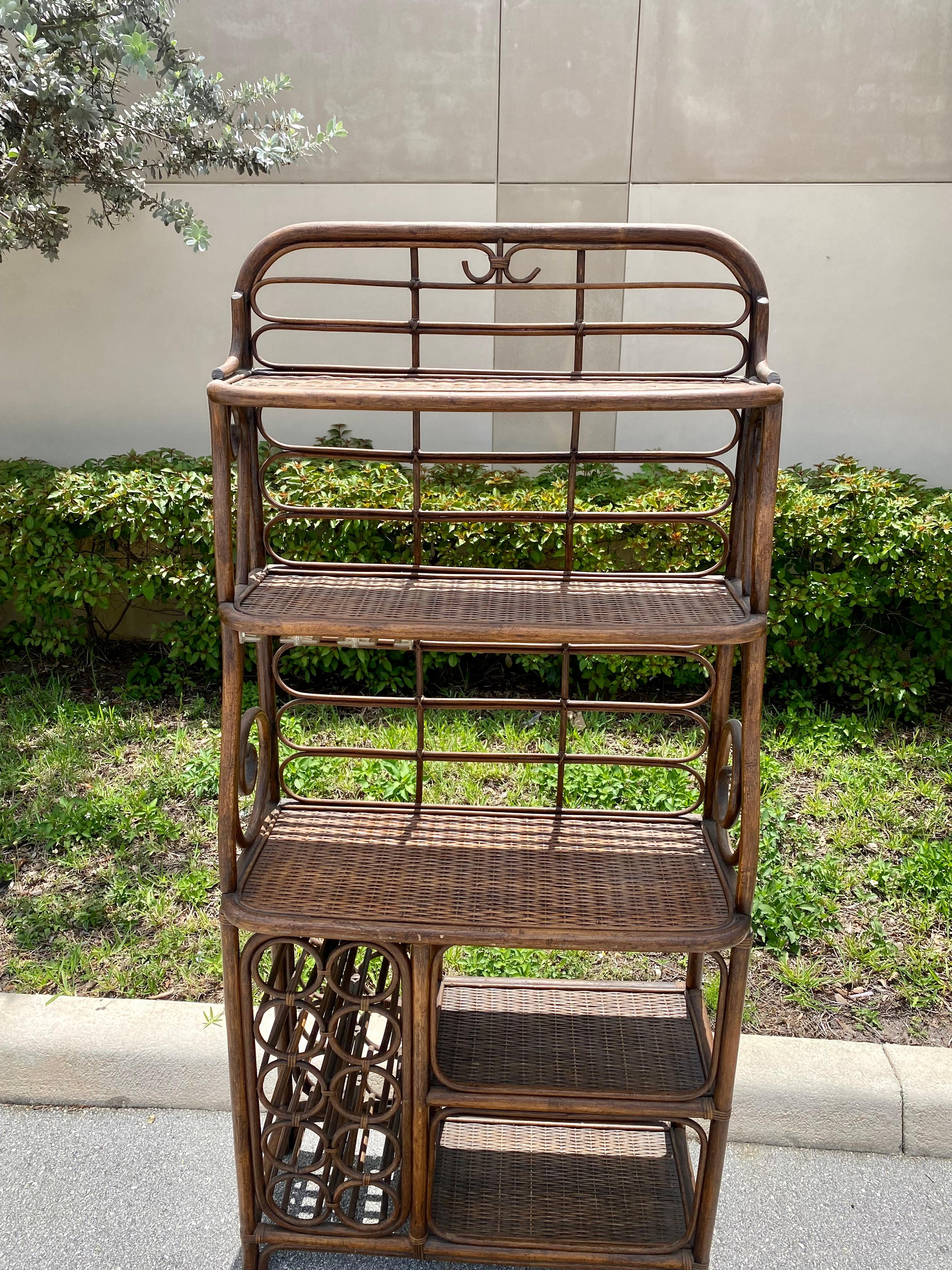 Late 20th Century 1970s Rattan and Lucite Wine Bar Bakers Rack Display Shelf For Sale