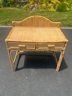 1970's Rattan and Wicker Coastal Writing Desk or Vanity with storage