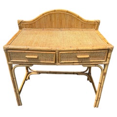 1970's Rattan and Wicker Coastal Writing Desk or Vanity with storage