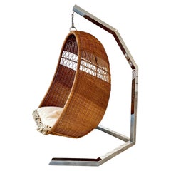 1970s Rattan and Wicker Hanging Chair on Chrome Stand