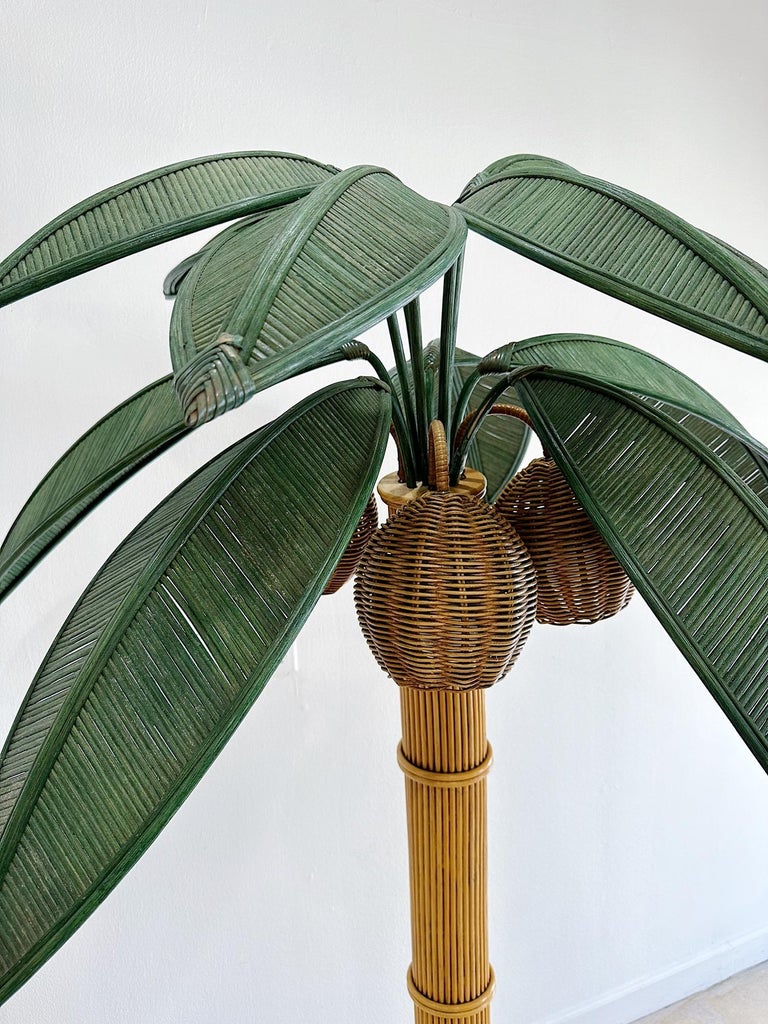 1970s Rattan and Wicker Palm Tree Floor Lamp For Sale 1