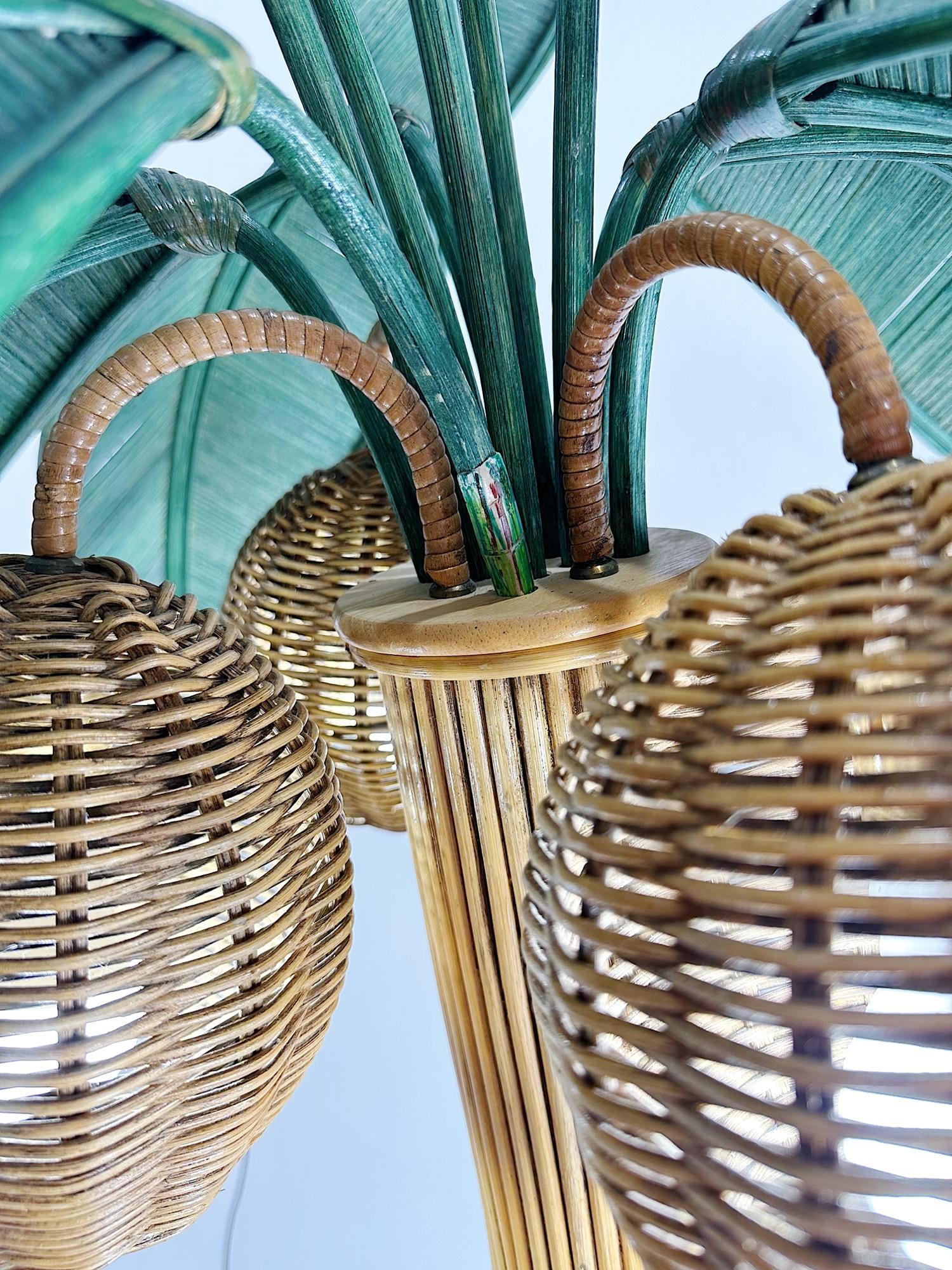 1970s Rattan and Wicker Palm Tree Floor Lamp For Sale 1