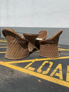 1970s Rattan around Barrel Dining Table and Chairs, Set of 4