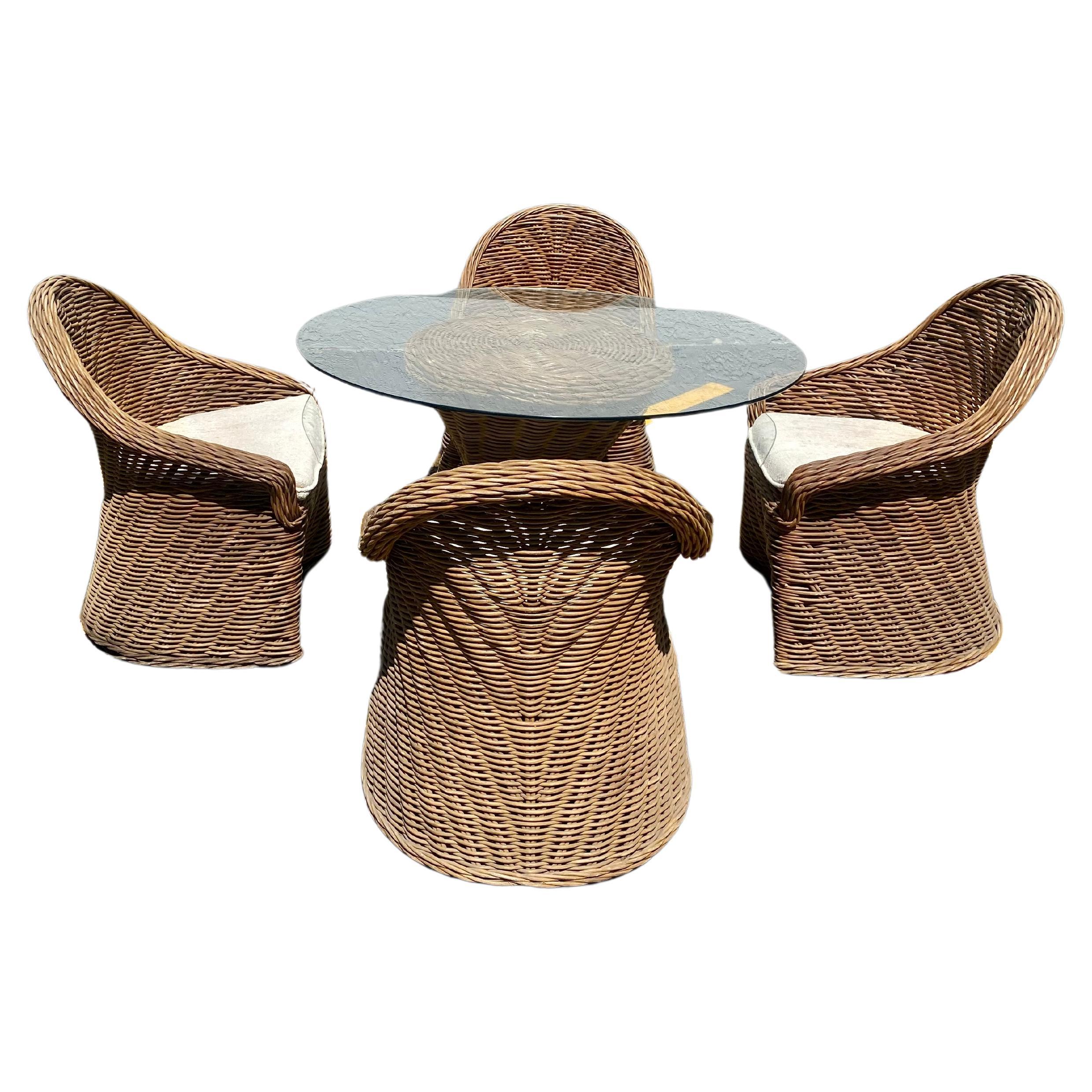 1970s Rattan around Barrel Dining Table and Chairs, Set of 4 For Sale
