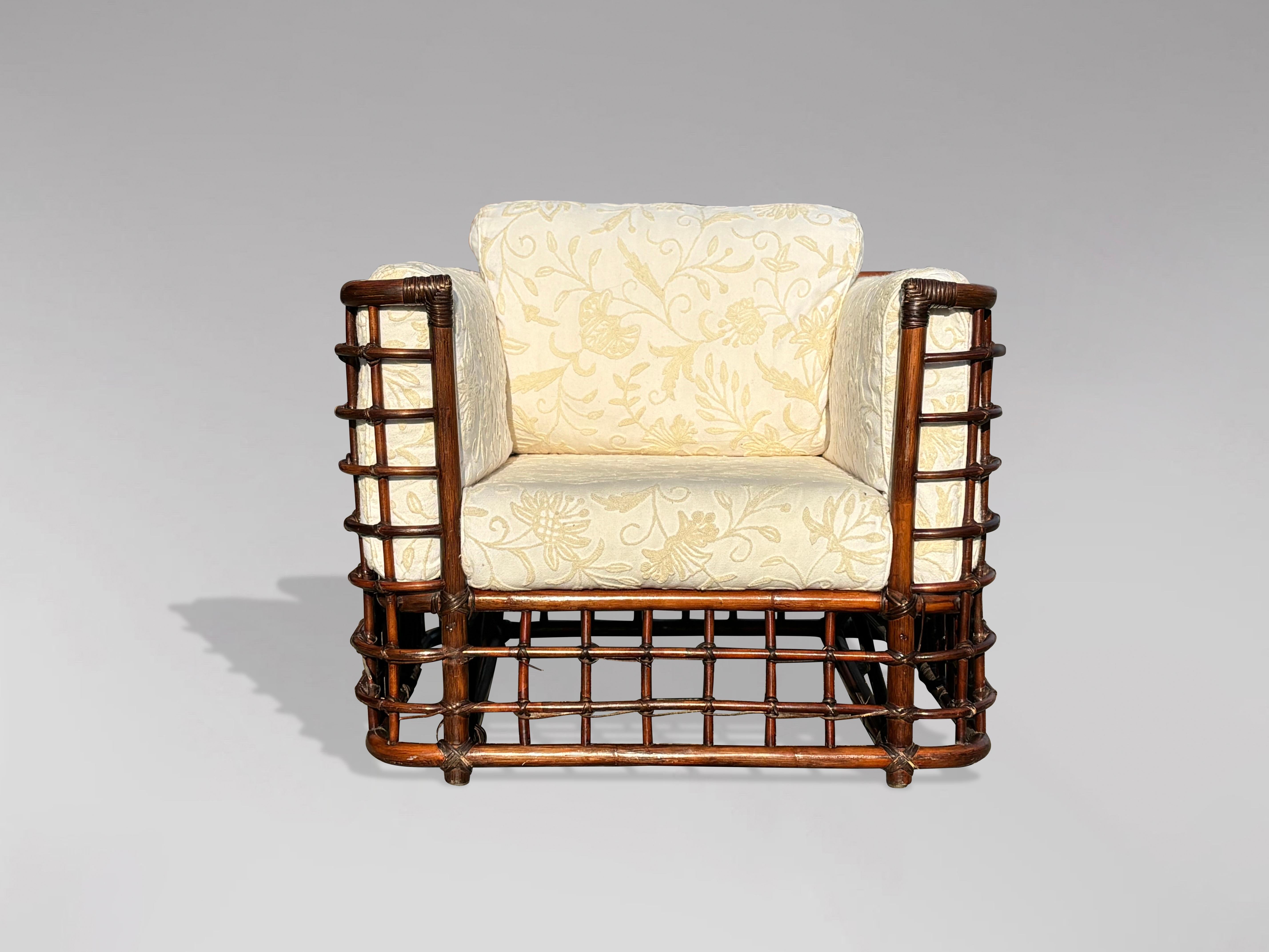 Mid-Century Modern 1970s Rattan & Bamboo Cube Lounge Armchair by Henry Olko For Sale