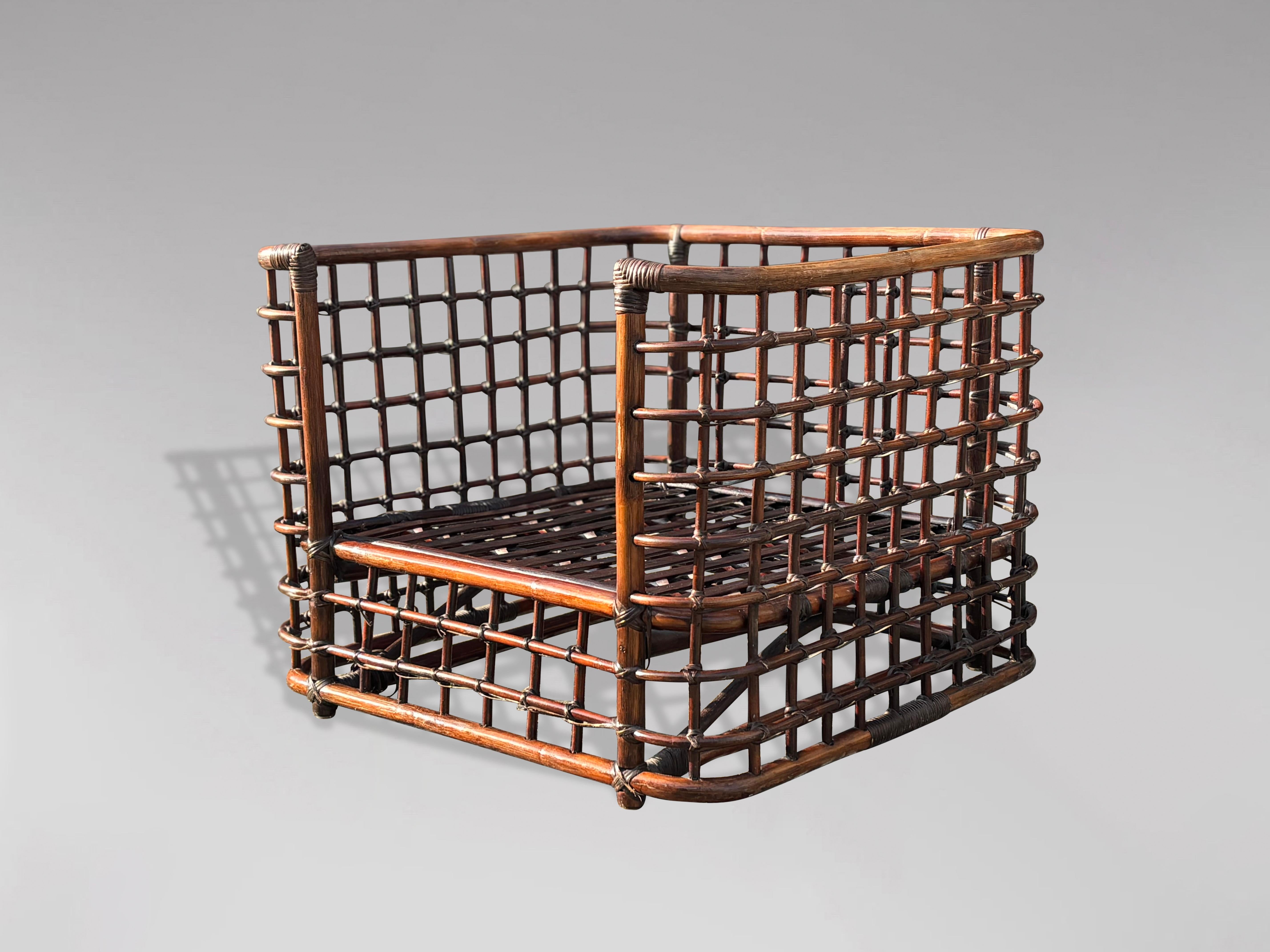 20th Century 1970s Rattan & Bamboo Cube Lounge Armchair by Henry Olko For Sale