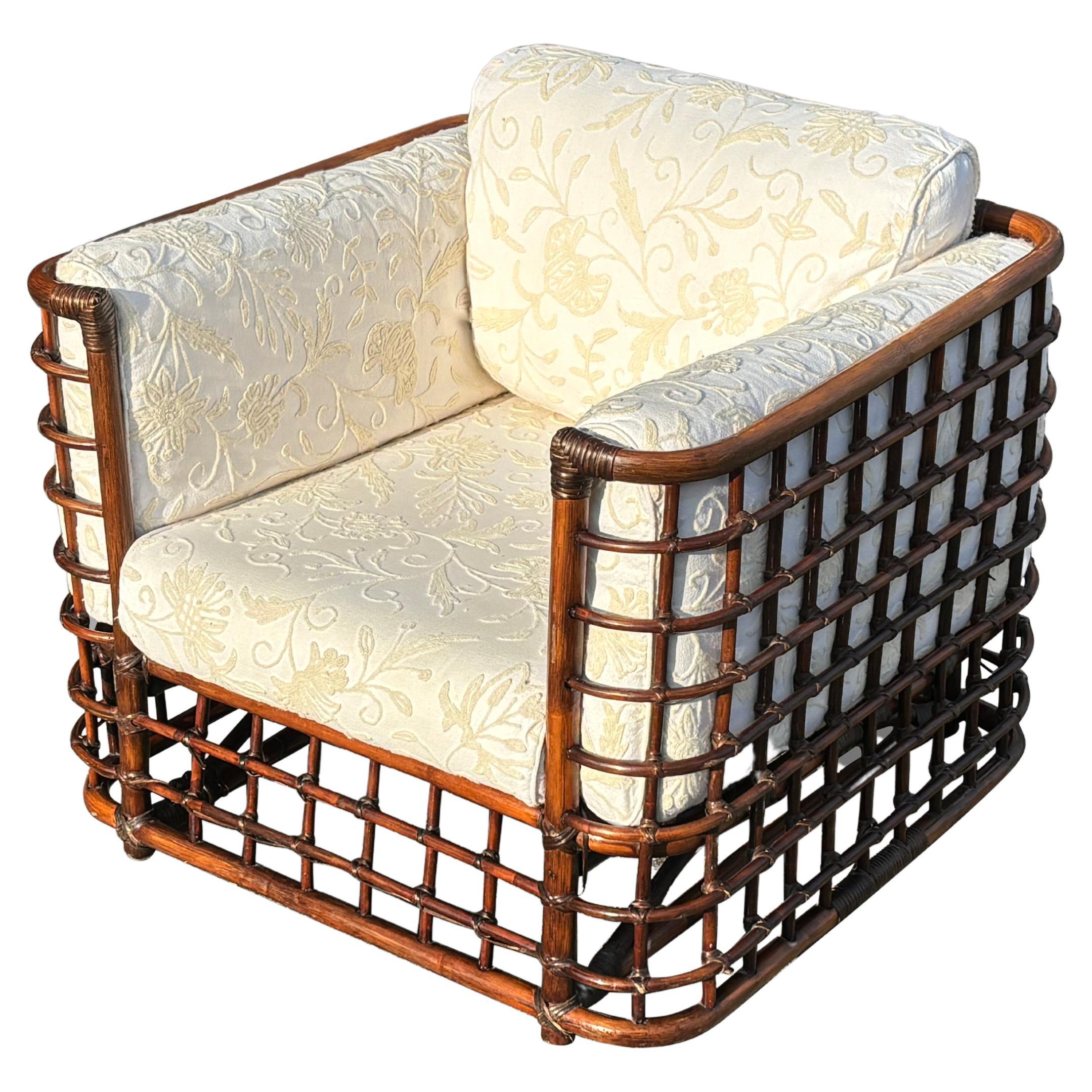 1970s Rattan & Bamboo Cube Lounge Armchair by Henry Olko