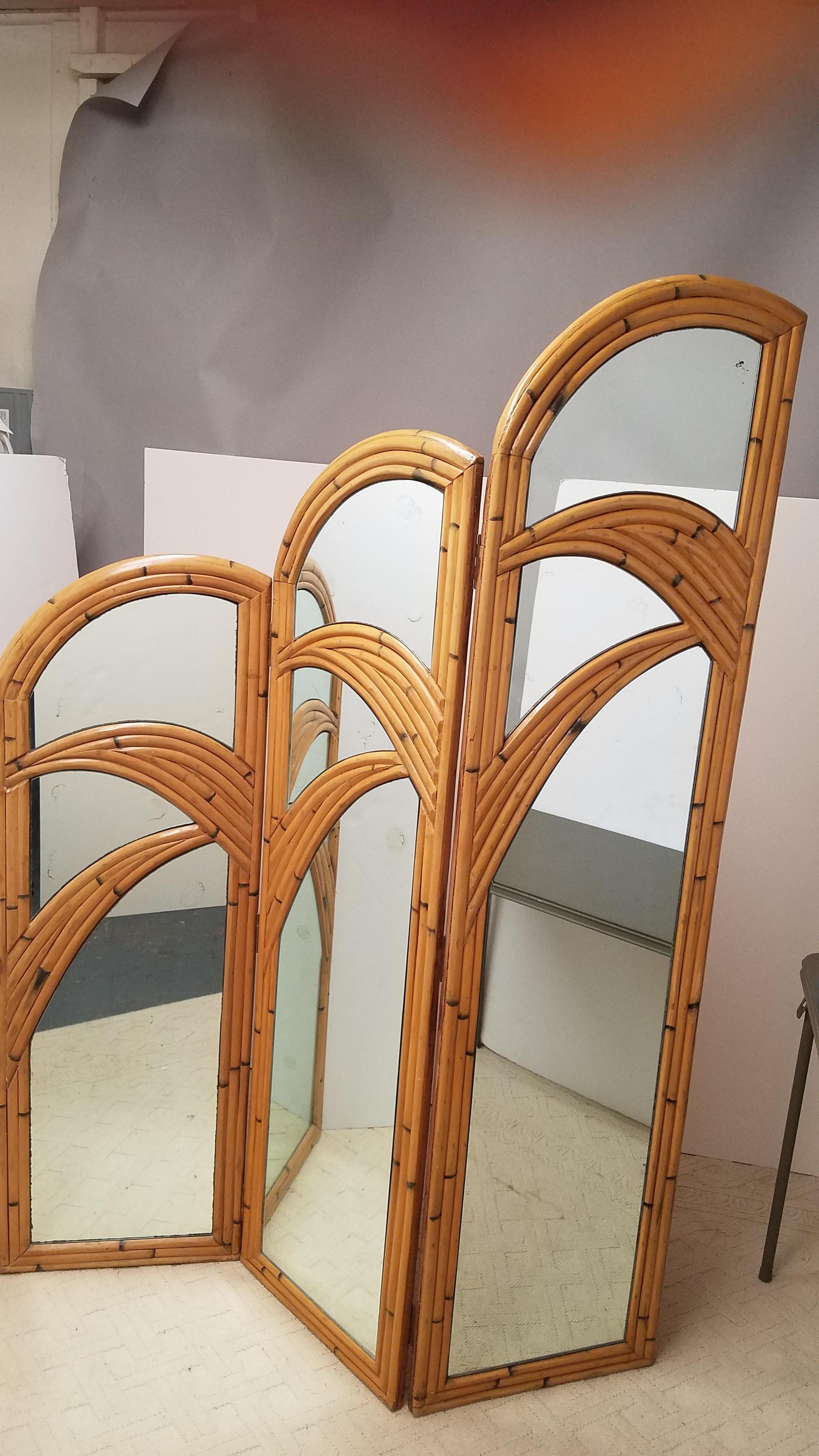 Wonderful Art Deco inspired room screen with 3-mirrored panels and bamboo frame and accents. Each panel is 18