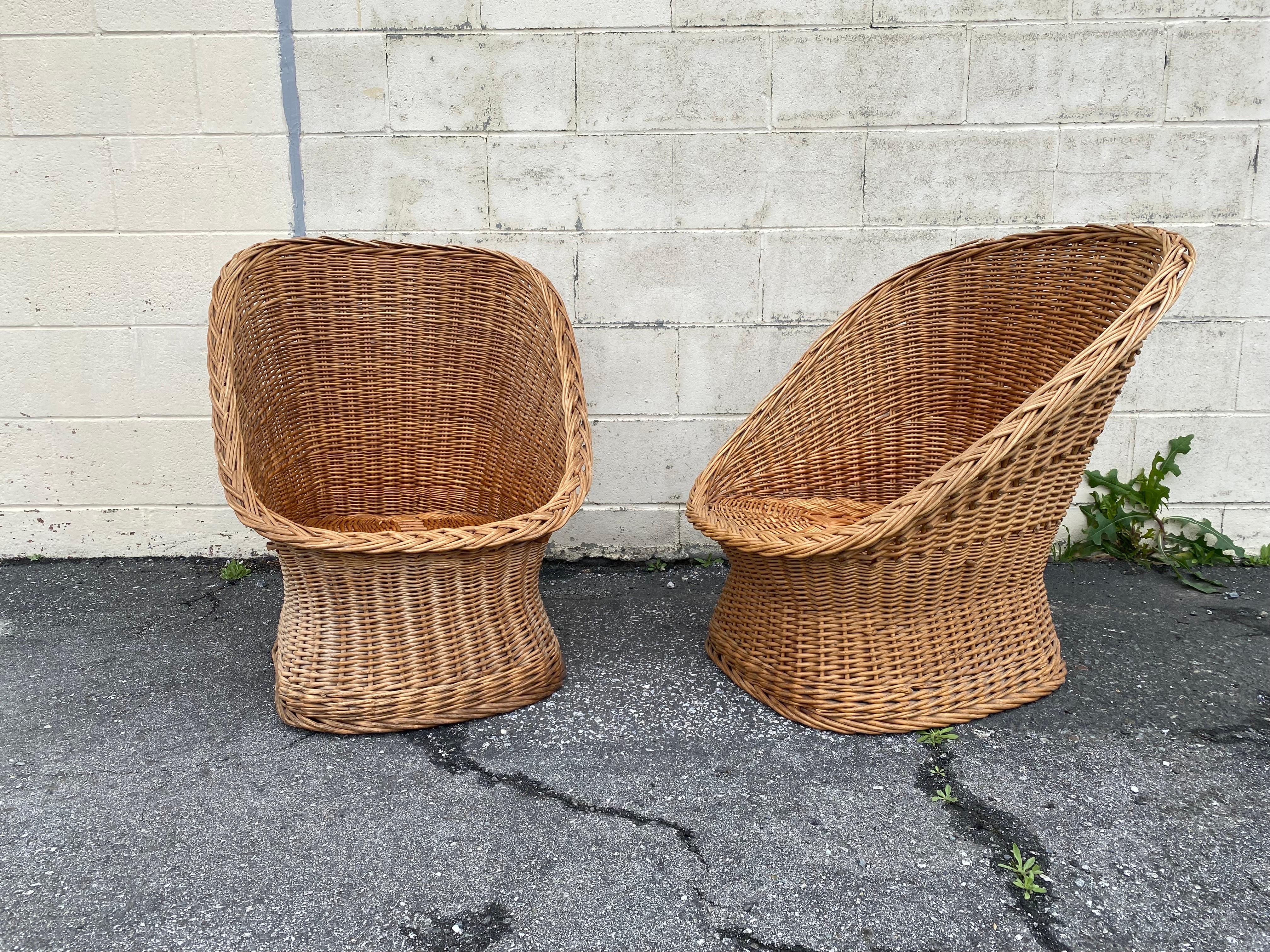 20th Century 1970s Rattan Barrel Scoop Chairs, a Pair