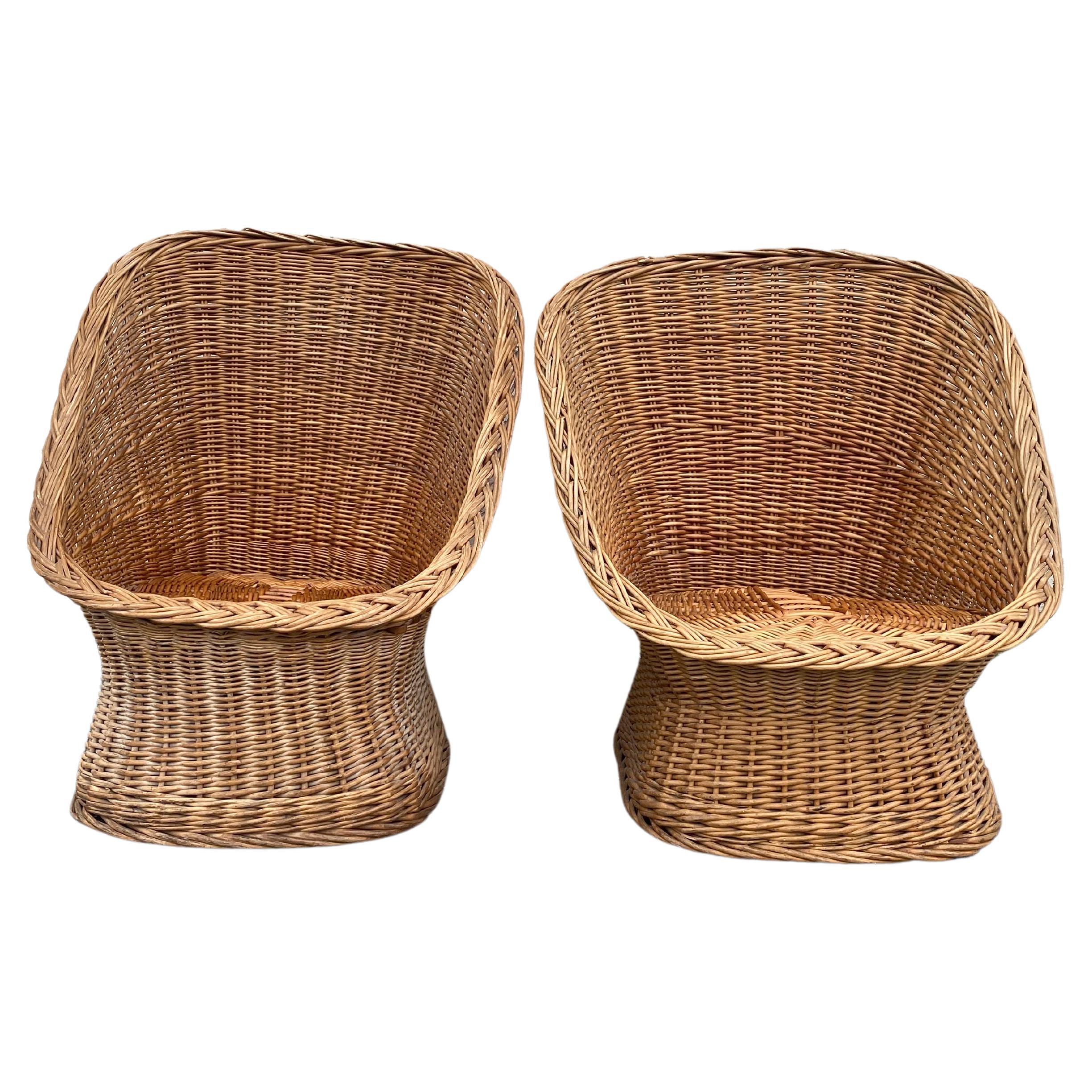 1970s Rattan Barrel Scoop Chairs, a Pair