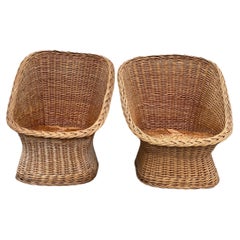 Retro 1970s Rattan Barrel Scoop Chairs, a Pair