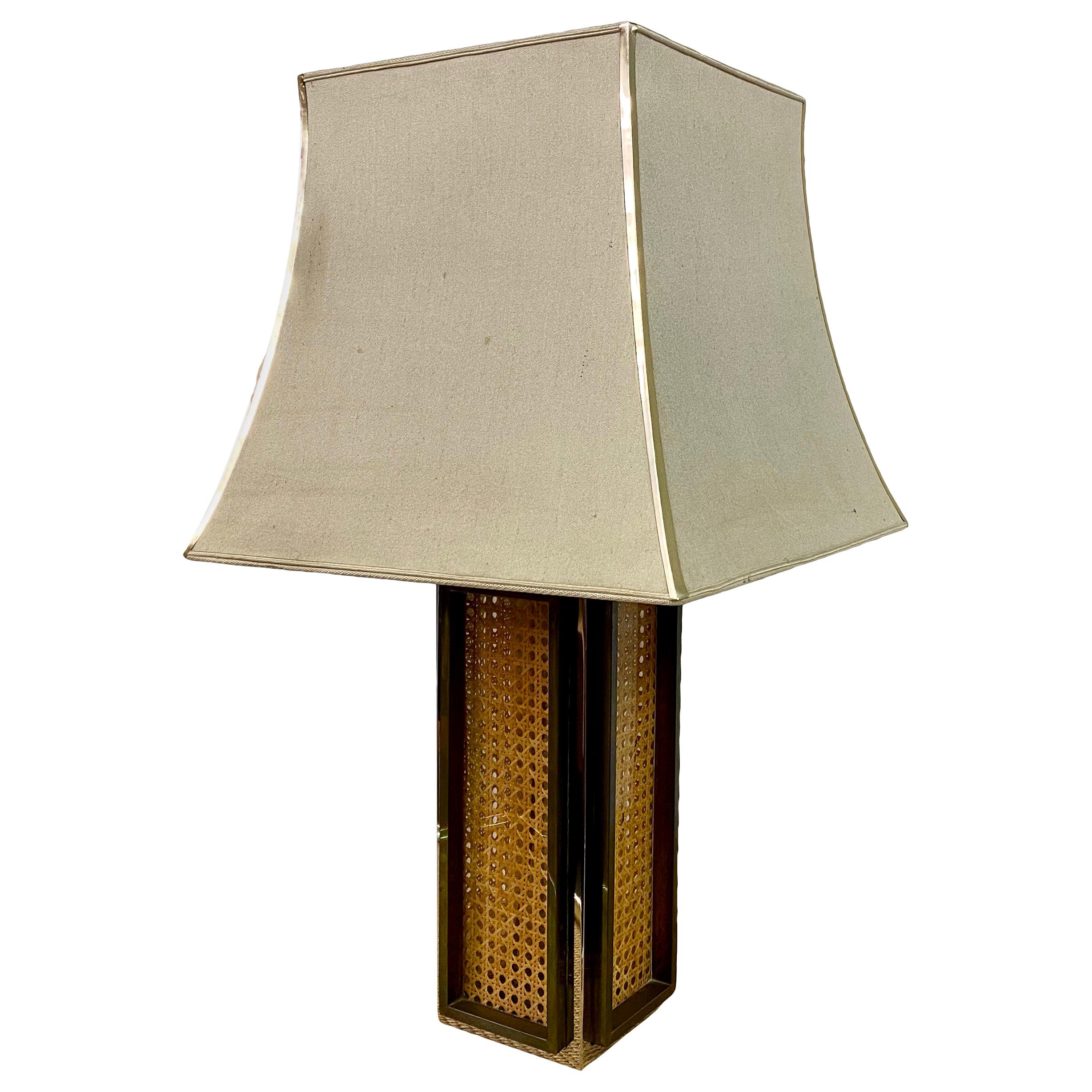 1970s Rattan, Brass and Chrome Table Lamp