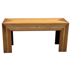 1970s Rattan & Brass Geometric Console Table With Stepped Frame