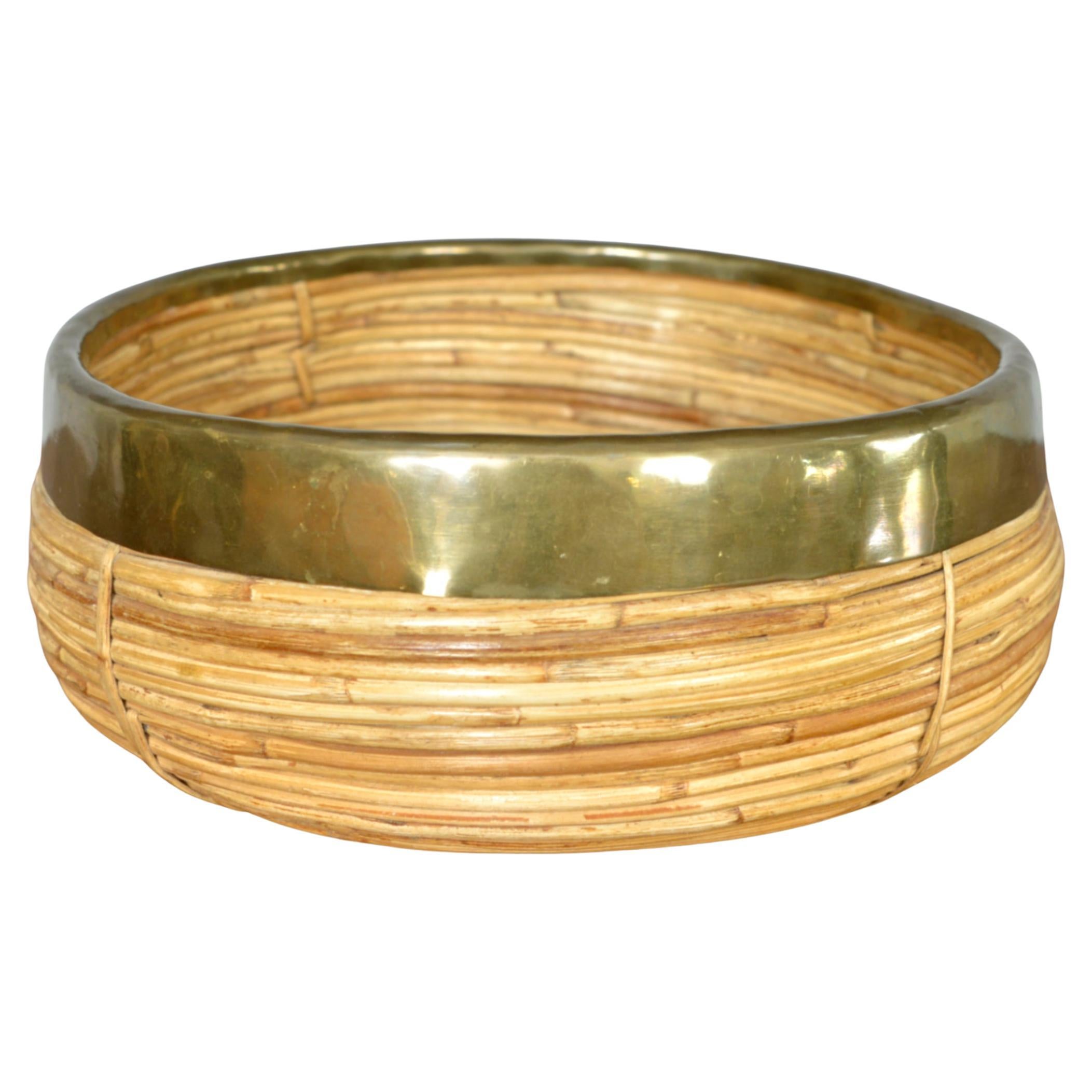 1970s Rattan Cane Brass Bowl Basket Centrepiece by Vivai del Sud Italy