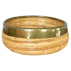 1970s Rattan Cane Brass Bowl Basket Centrepiece by Vivai del Sud Italy