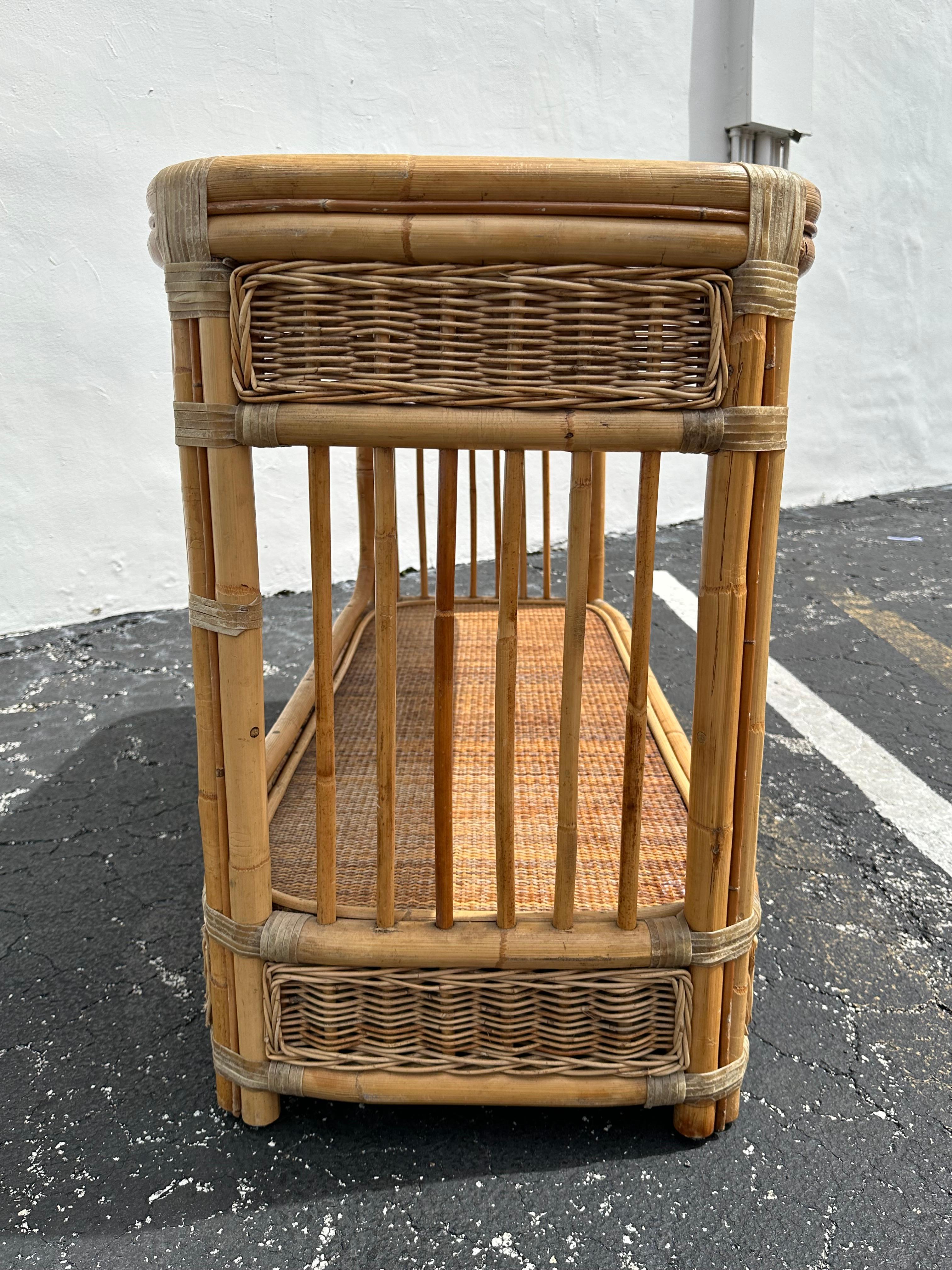 1970s Rattan Cane Oval Double Tier Console Table For Sale 5