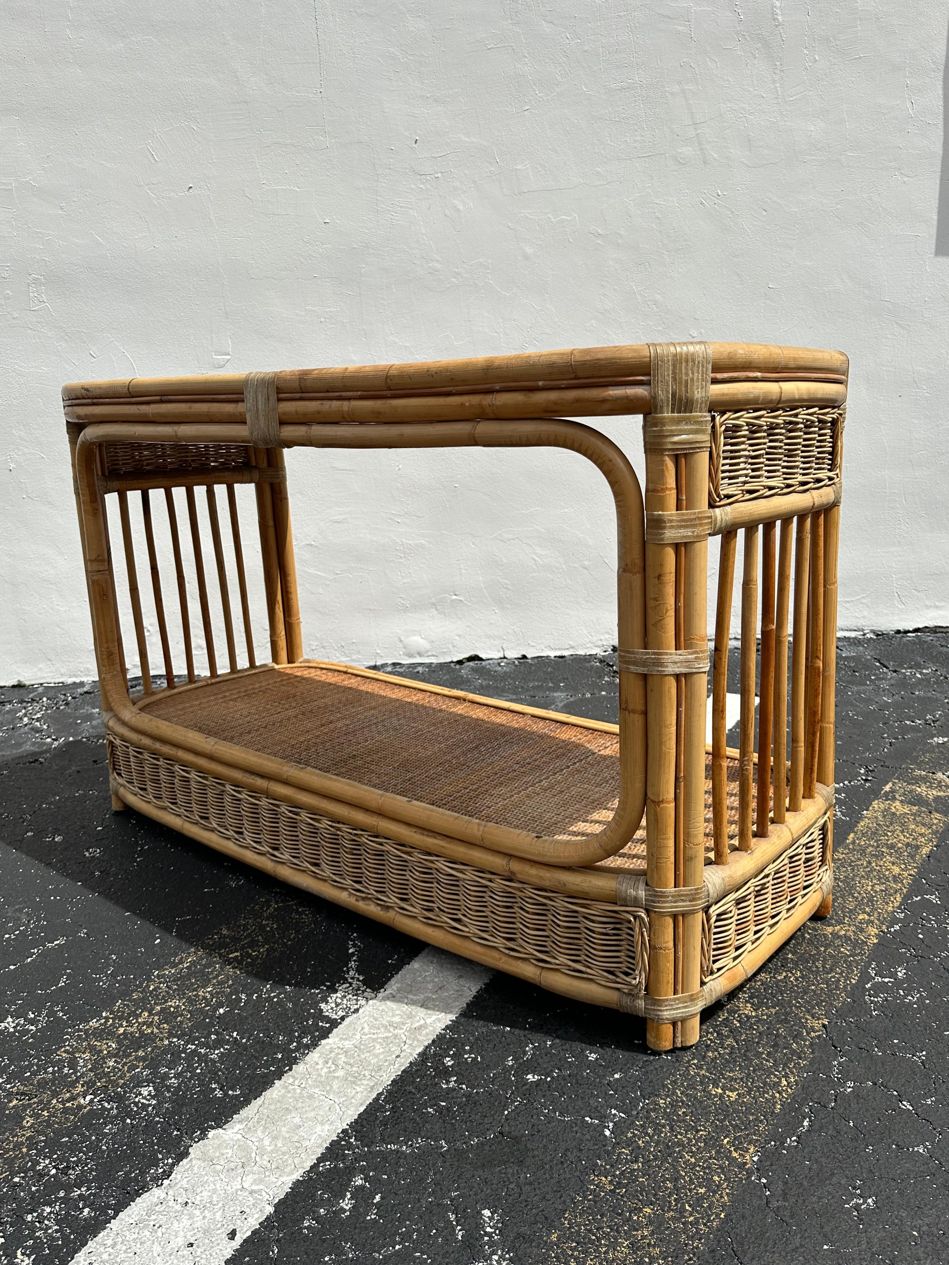 1970s Rattan Cane Oval Double Tier Console Table For Sale 6
