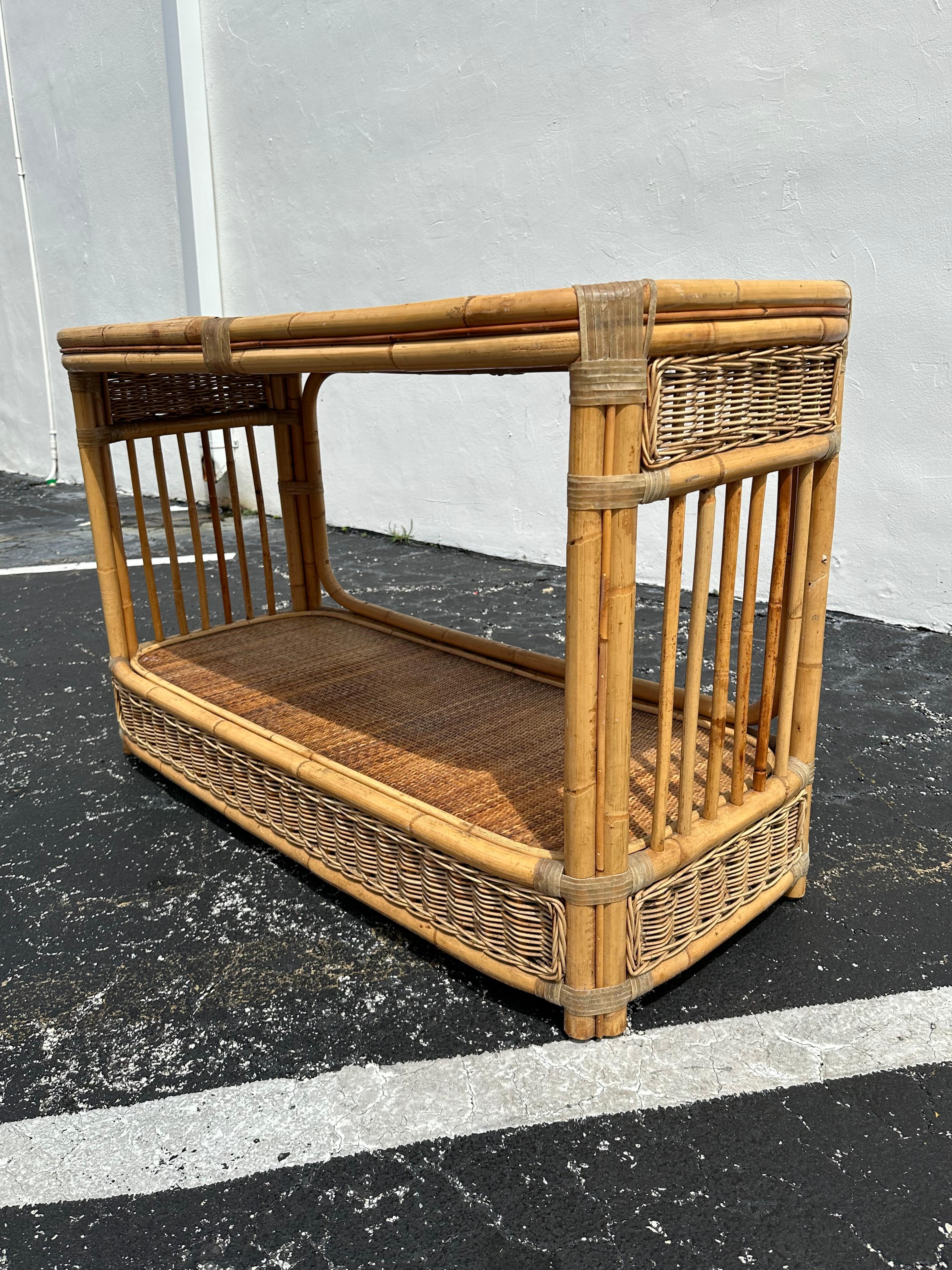 Mid-Century Modern 1970s Rattan Cane Oval Double Tier Console Table For Sale