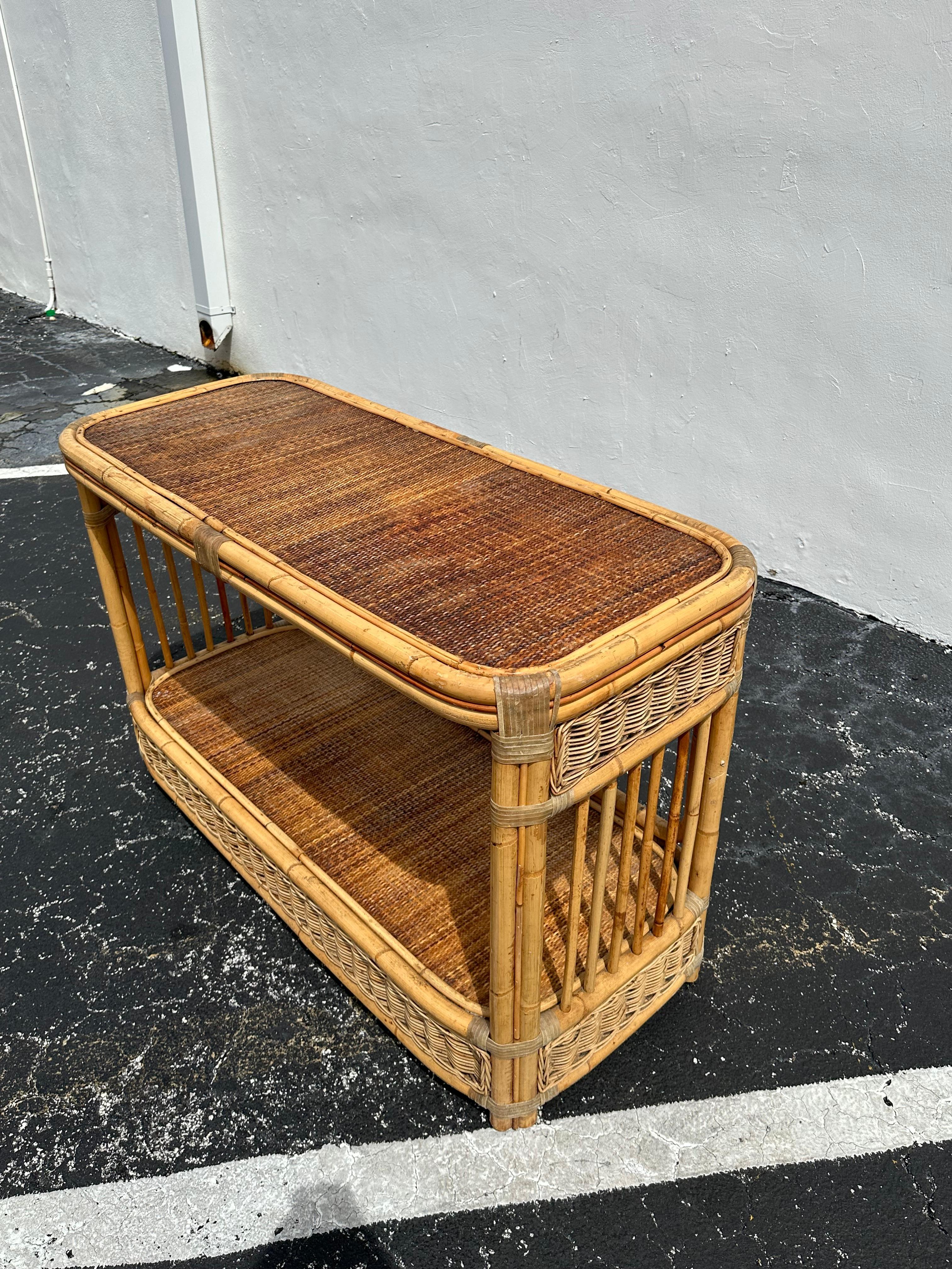 Late 20th Century 1970s Rattan Cane Oval Double Tier Console Table For Sale