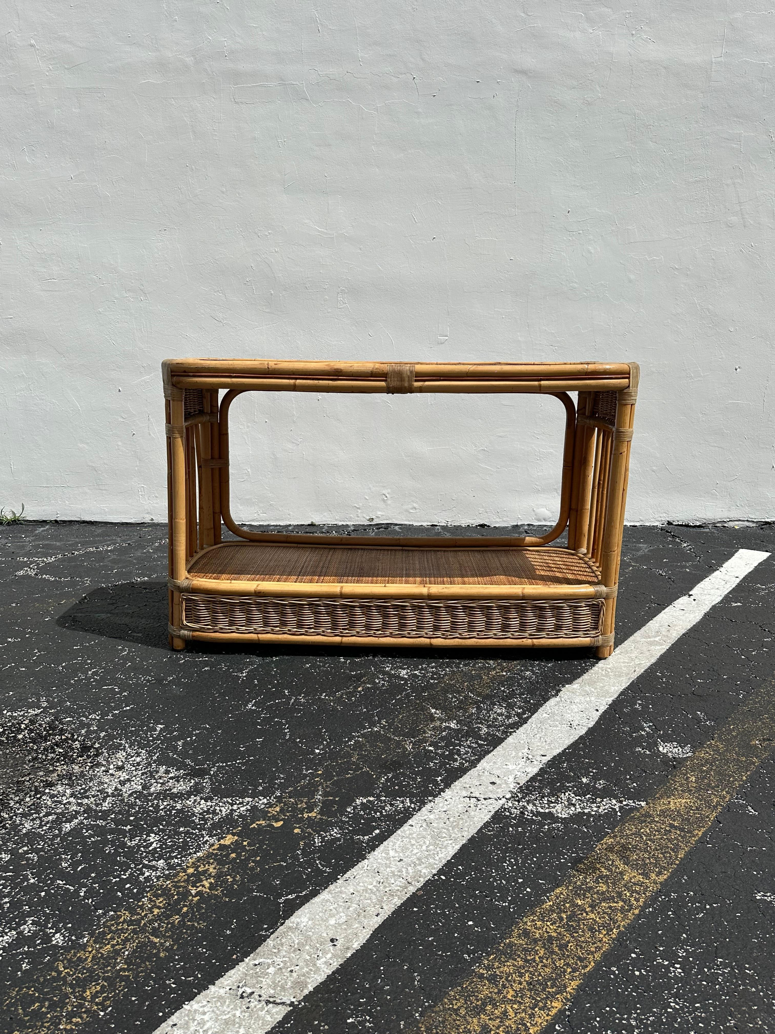 1970s Rattan Cane Oval Double Tier Console Table For Sale 1
