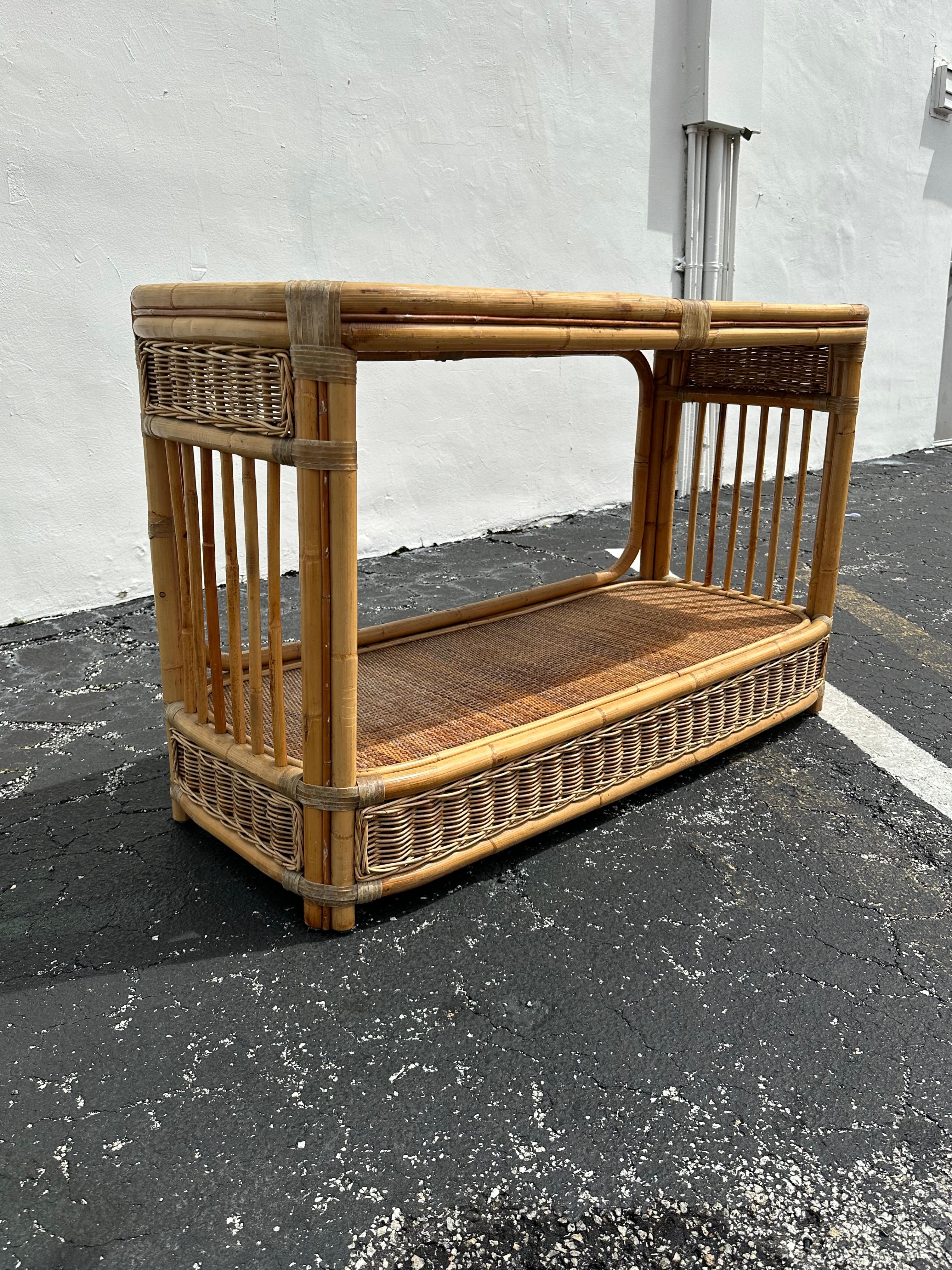 1970s Rattan Cane Oval Double Tier Console Table For Sale 2