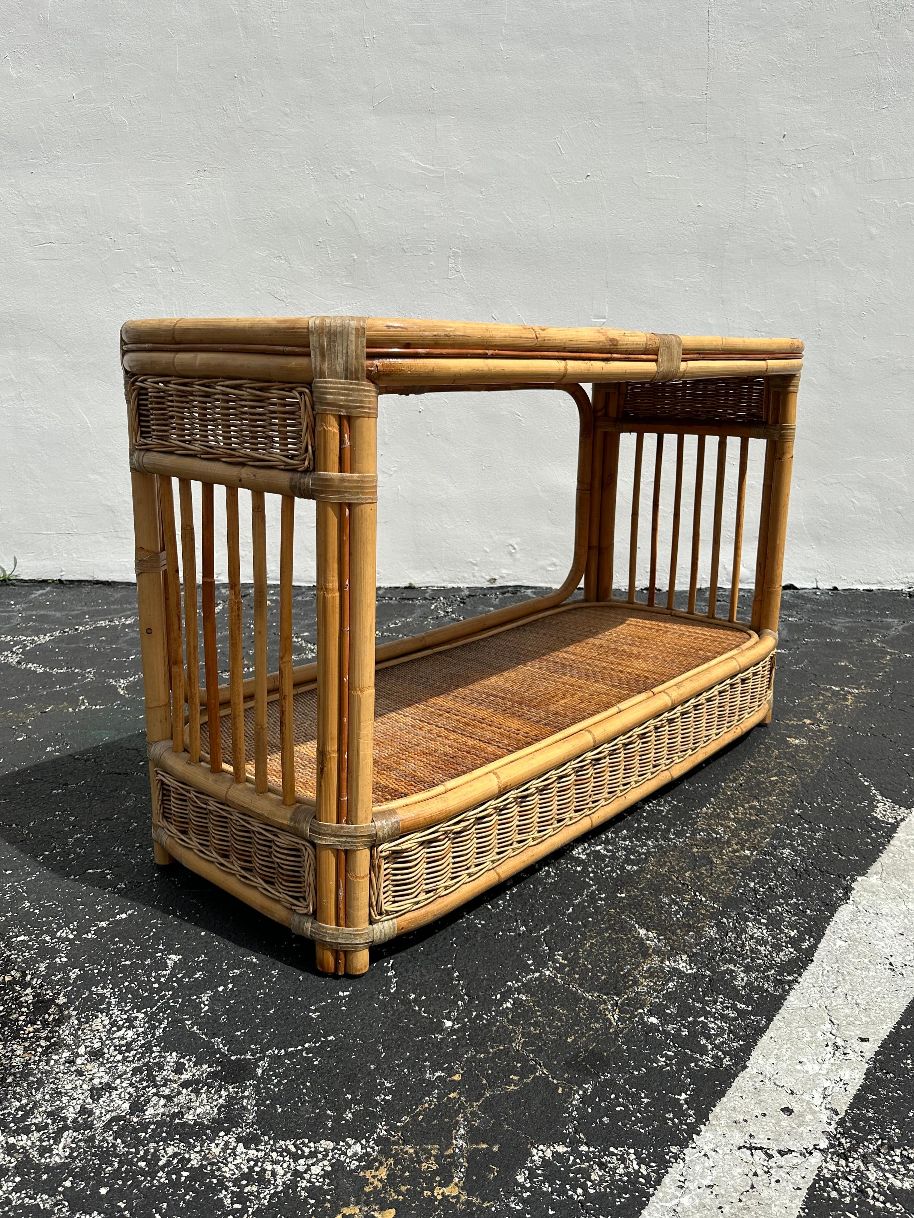 1970s Rattan Cane Oval Double Tier Console Table For Sale 3