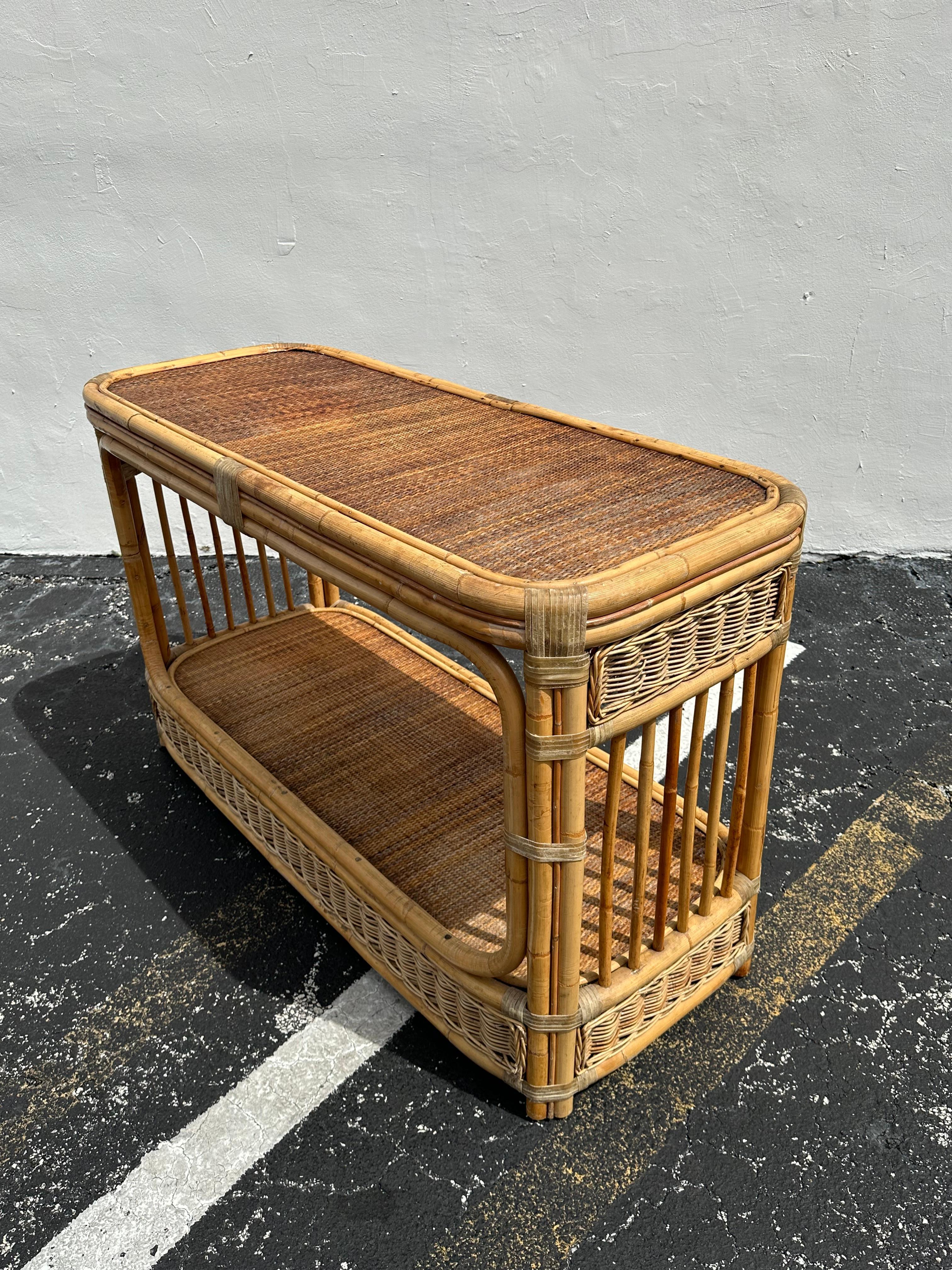 1970s Rattan Cane Oval Double Tier Console Table For Sale 4